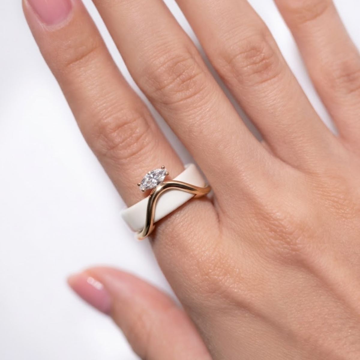 Marquise Solitaire Oura Ring Silver Wave Jacket