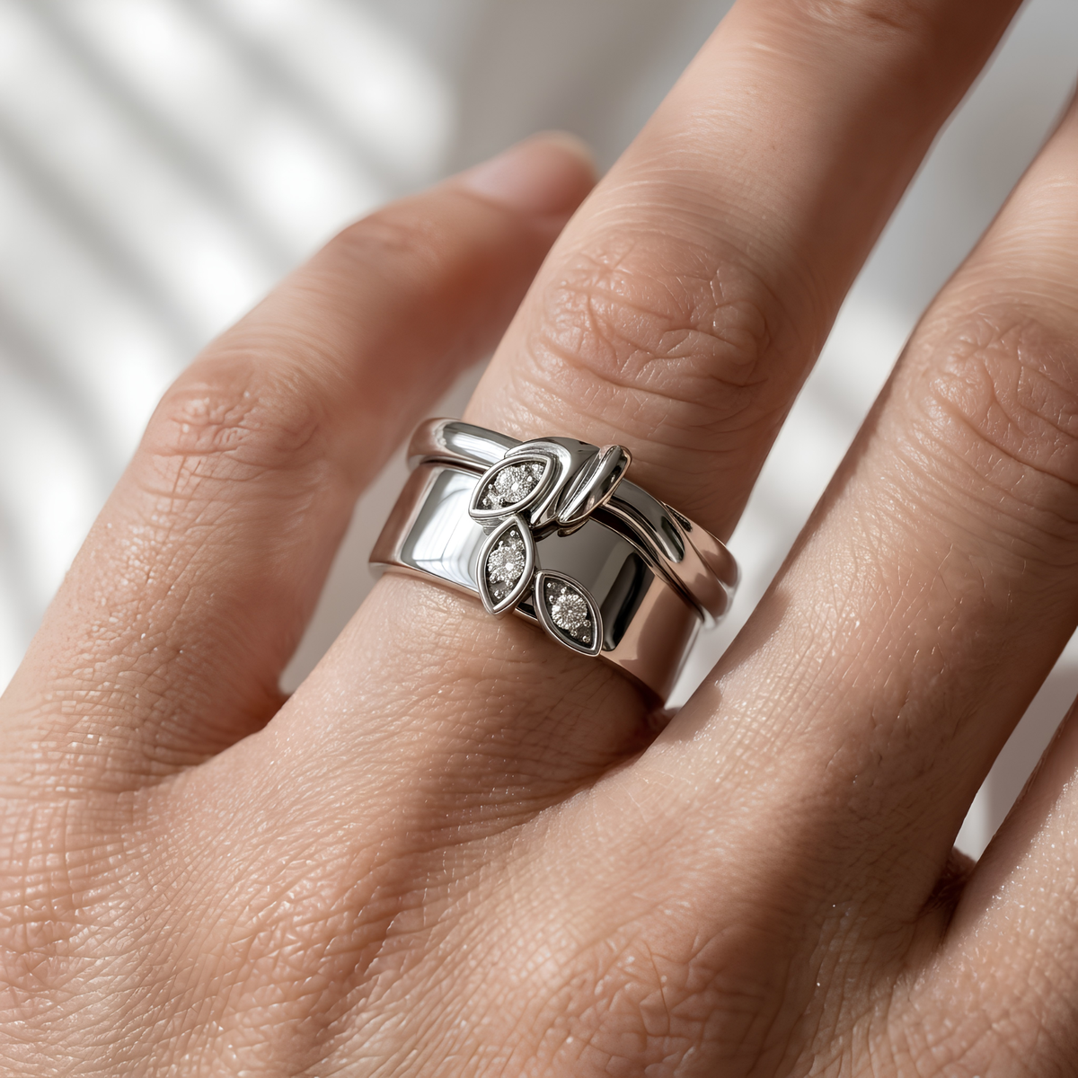 Three Stone Leaf Oura Ring Jacket Silver Ring Cover