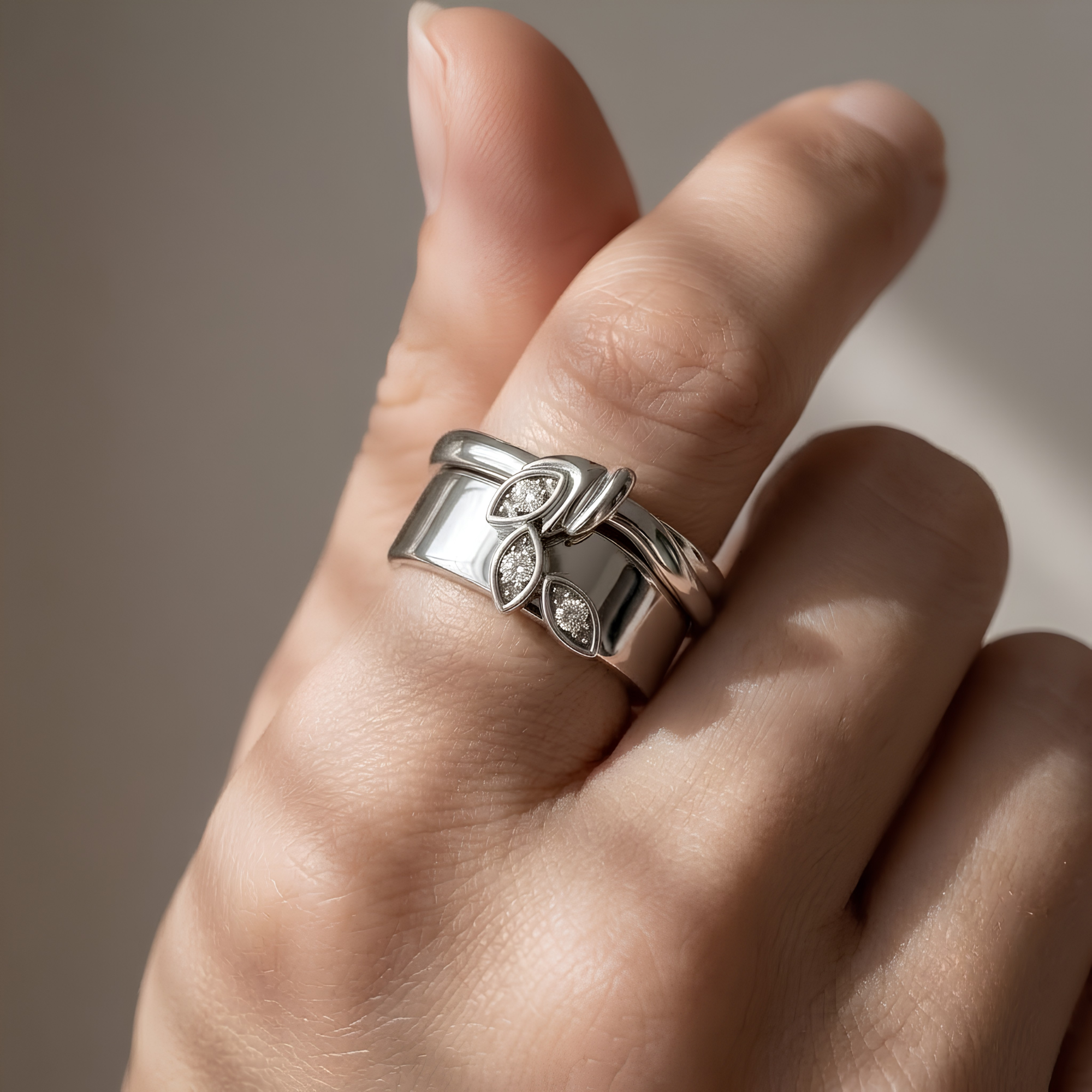 Three Stone Leaf Oura Ring Jacket Silver Ring Cover