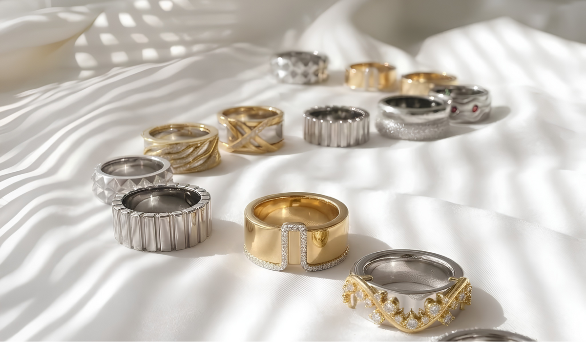 An assortment of luxury silver and gold rings displayed on a draped white fabric background with artistic window shadow patterns.