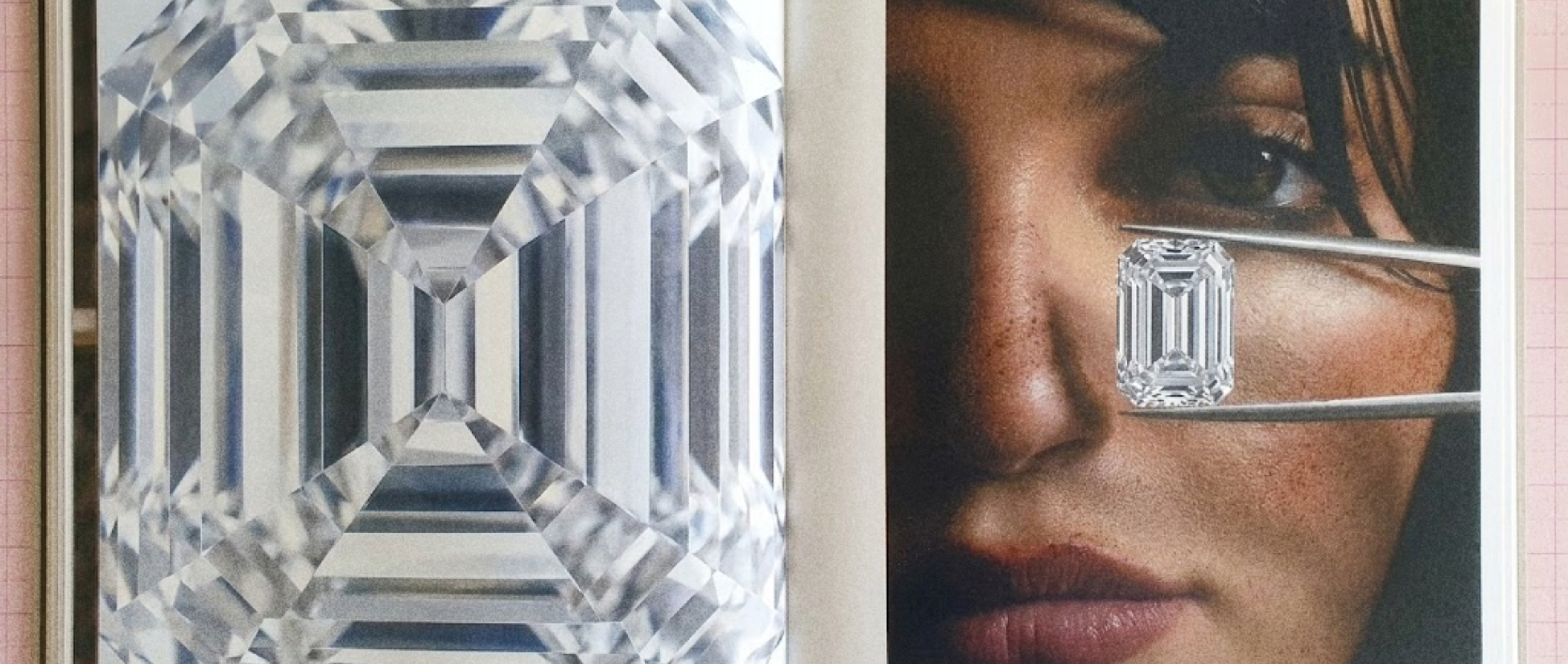 A close-up split composition showing a large clear emerald-cut gemstone on the left and a woman's face on the right with tweezers holding a smaller matching gemstone near her eye.