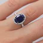 Statement 4 Carats Genuine Lab Grown Royal Blue Sapphire Ring, Oval Blue Sapphire Halo Diamond Cocktail Ring, Princess Diana Engagement Ring