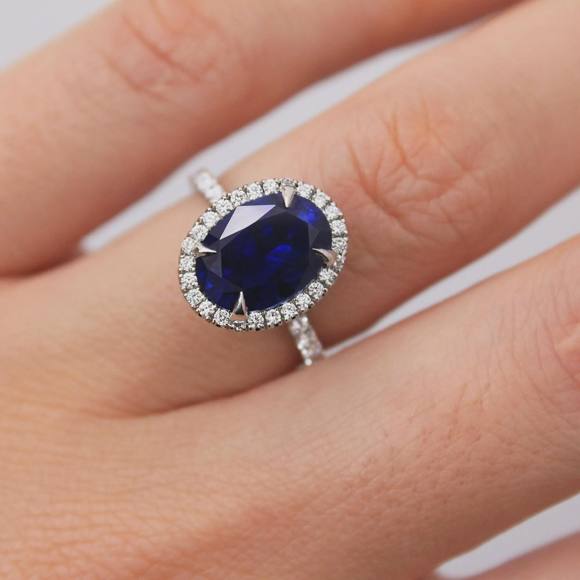 Statement 4 Carats Genuine Lab Grown Royal Blue Sapphire Ring, Oval Blue Sapphire Halo Diamond Cocktail Ring, Princess Diana Engagement Ring