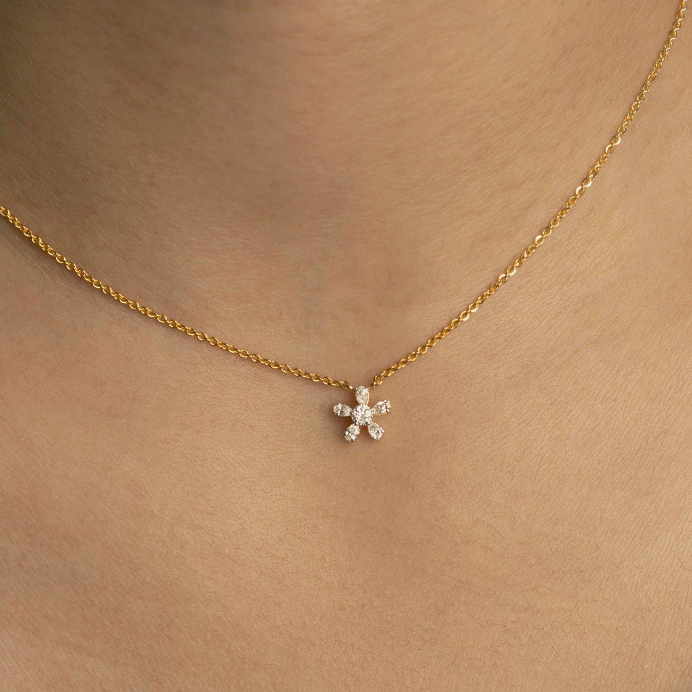 Dainty Snowflake Moissanite Pendant Necklace | 10K Gold & Sterling Silver | Winter Jewelry, D-F VVS Clarity, Custom Chain, Holiday Gift