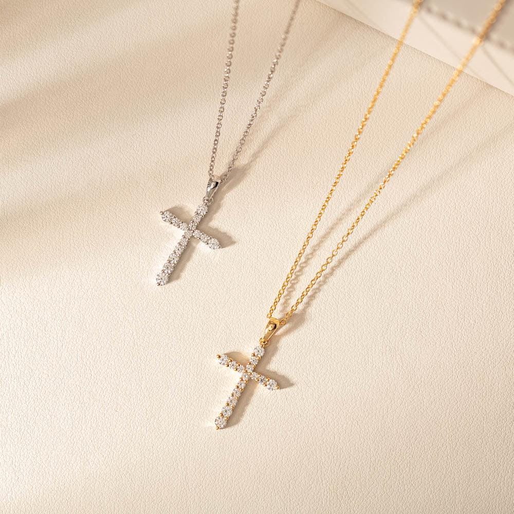 10K Solid Gold Moissanite Encrusted Cross Pendant / Silver Cross Necklace with Moissanite Diamond / Moissanite Cross Necklaces for Women