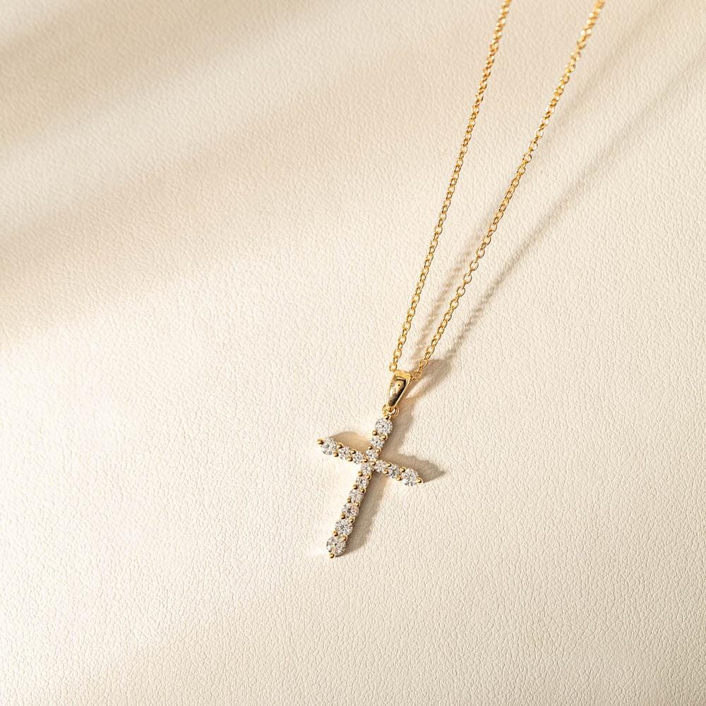 10K Solid Gold Moissanite Encrusted Cross Pendant / Silver Cross Necklace with Moissanite Diamond / Moissanite Cross Necklaces for Women