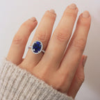 Statement 4 Carats Genuine Lab Grown Royal Blue Sapphire Ring, Oval Blue Sapphire Halo Diamond Cocktail Ring, Princess Diana Engagement Ring