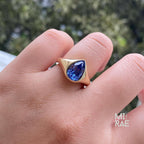 1 Carat Pear Sapphire Signet Ring | Yellow Gold Teardrop Blue Stone Ring | Flush Bezel Set | Dainty Statement Jewelry | Modern Tapered Shank