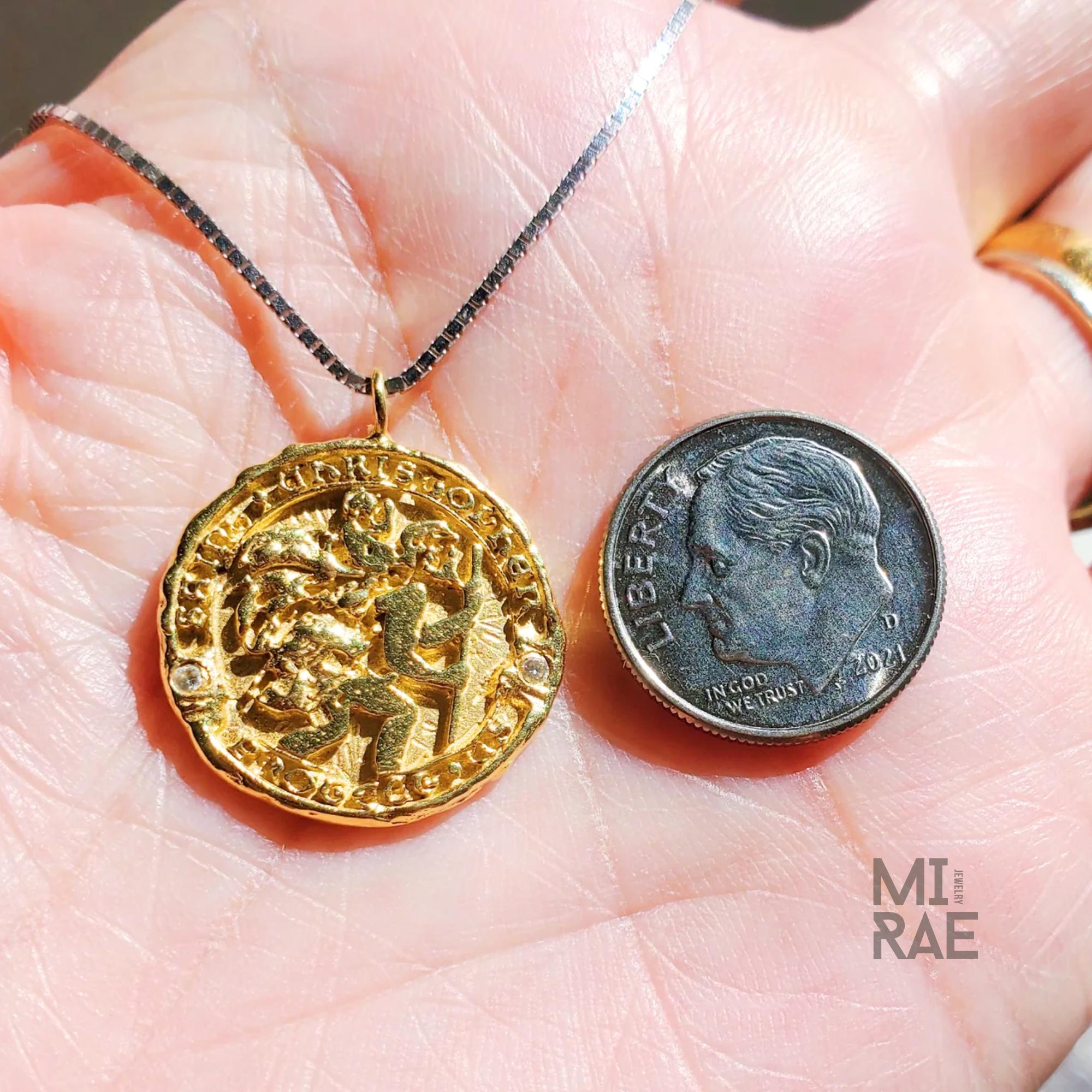 14K Gold Saint Christopher Pendant with Diamonds Religious Necklace