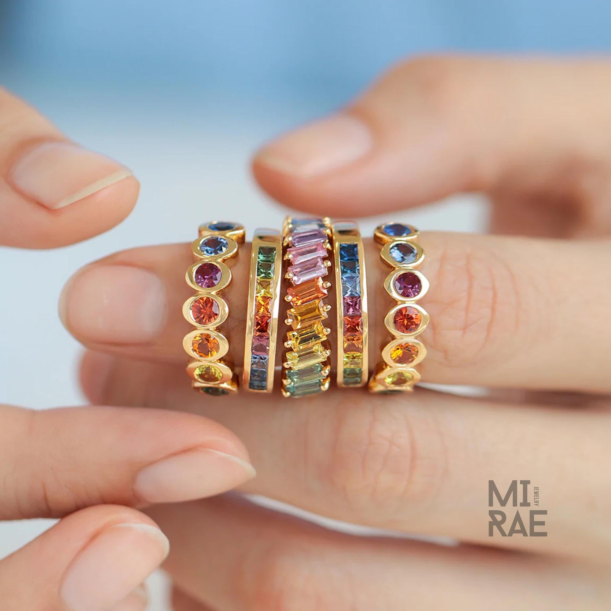 Rainbow Natural Sapphire Ring | Prismatic 14K Yellow Gold Multicolor Gemstone Ring | Bold Gradient Statement Jewelry