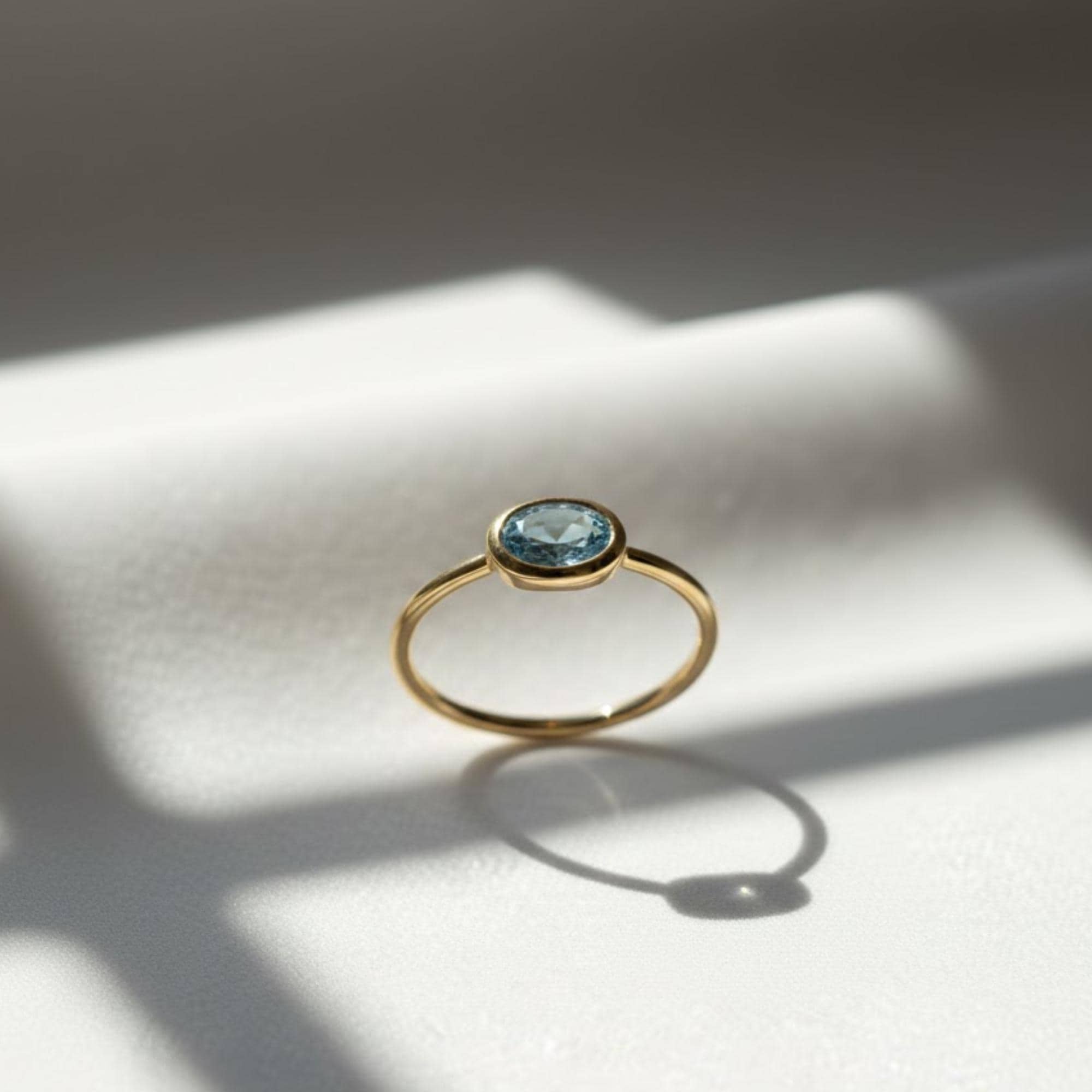Blue Topaz Gold Stackable Ring, Topaz Ring, 14k Rose, Yellow, White, Oval Cut Gemstone, Solitaire Bezel Setting, Dainty Gold Ring