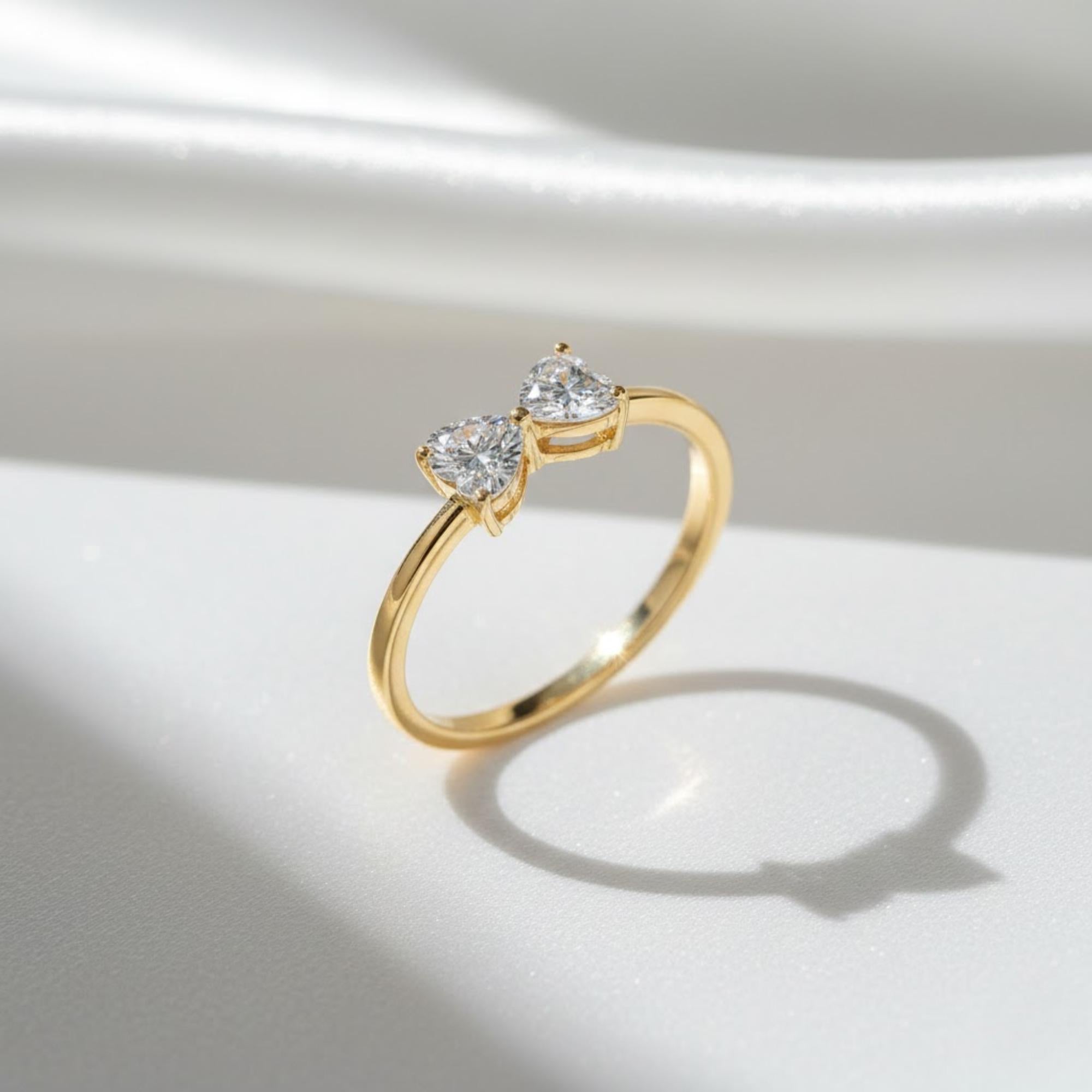 Kissing Hearts Diamond Ring, Bowtie Heart Cut Lab Grown Diamond, 14K Gold Dainty Engagement Ring, Romantic Wedding Band, Artisan Jewelry