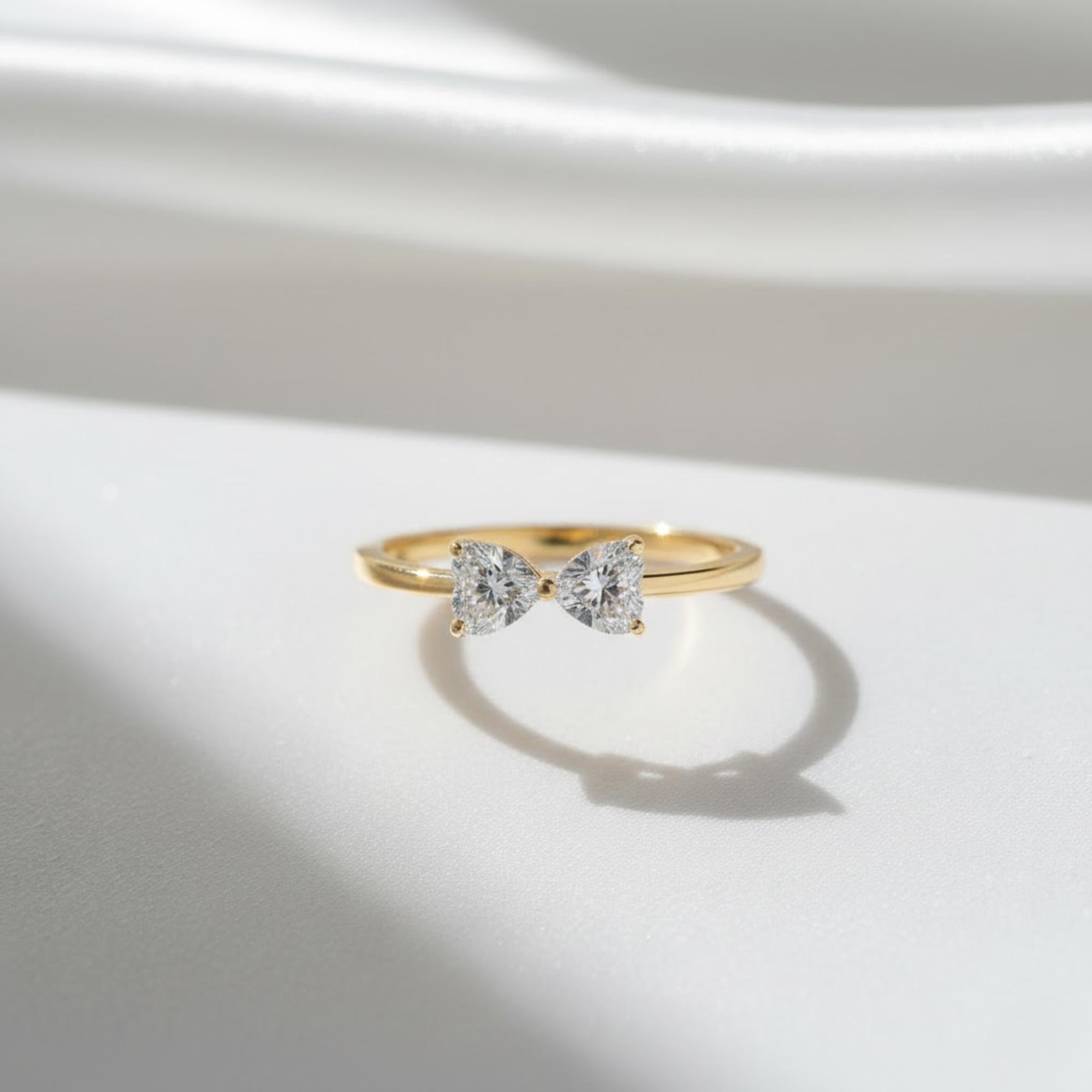 Kissing Hearts Diamond Ring, Bowtie Heart Cut Lab Grown Diamond, 14K Gold Dainty Engagement Ring, Romantic Wedding Band, Artisan Jewelry