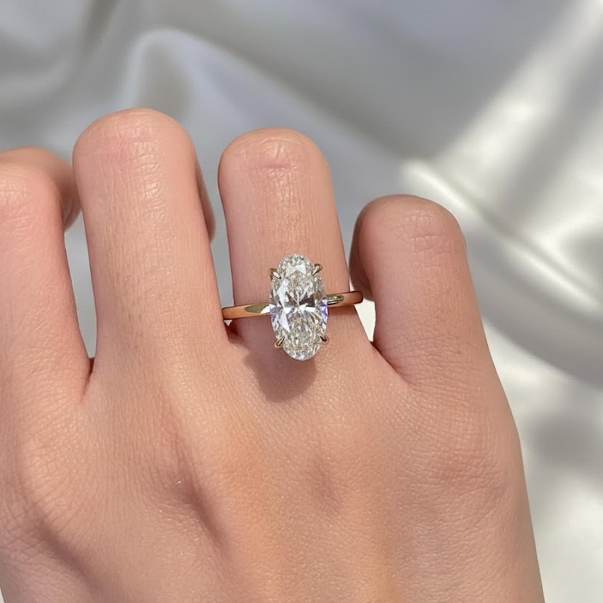 2 Carat Oval Cut Lab Diamond Solitaire Ring, Certified Elongated Diamond with Hidden Halo, 14K Gold Engagement Ring, Proposal Ring For Her