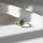 Oval Cut Royal Green Emerald Halo Ring | Oval Emerald and Diamond Halo in 14K Gold | May Birthstone Stackable Jewelry for Her