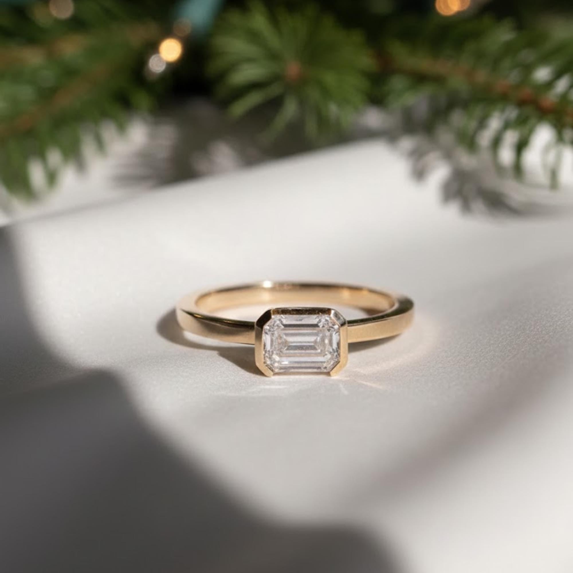 East West Emerald Cut Half Bezel Diamond Ring | 1 Carat Lab Grown Diamond Band | Flat Demi Flush Setting Ring