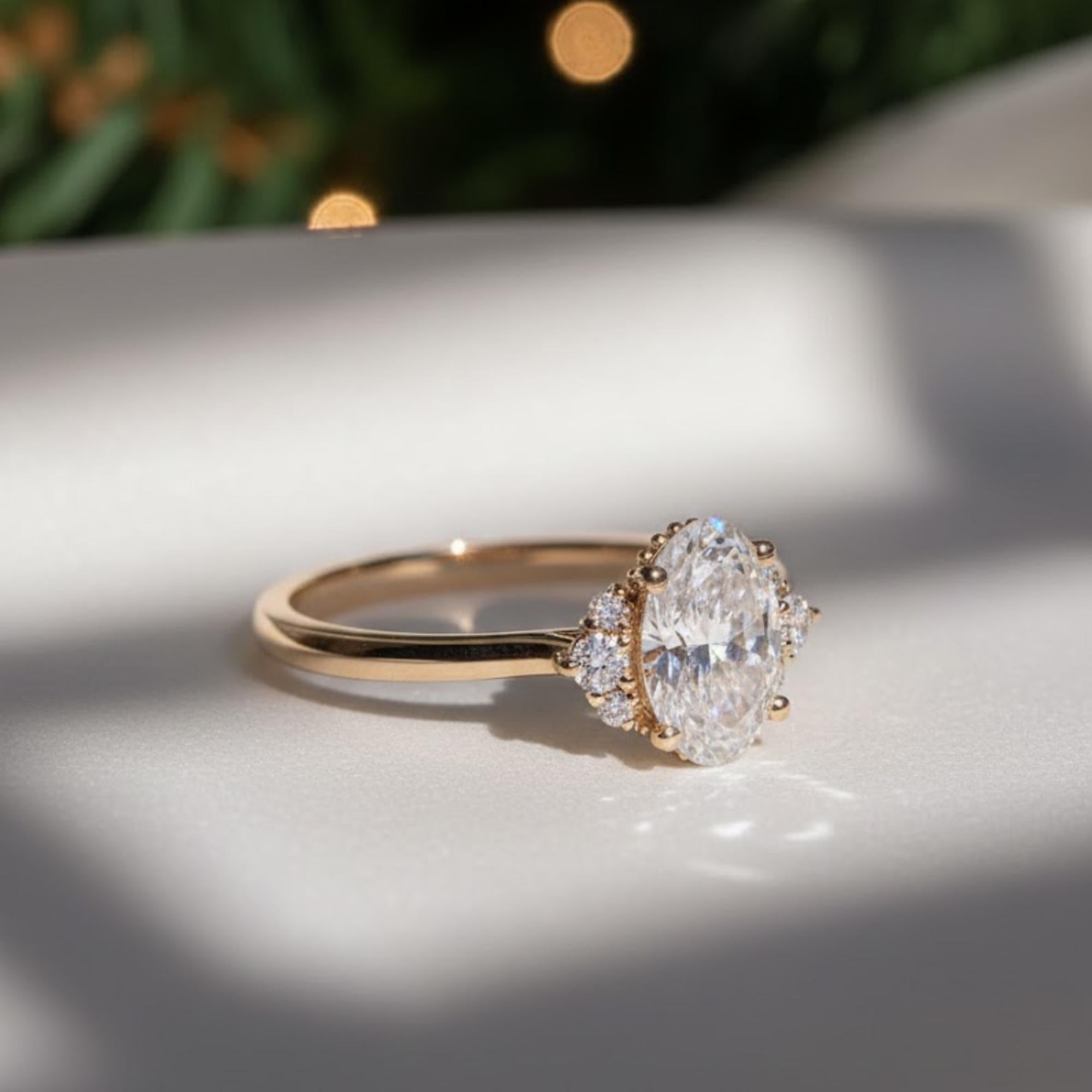 Oval CVD Diamond Engagement Ring | 1 Carat Lab Grown Diamond Solitaire with Side Stones in 14K Gold | Modern Halo Bridal Jewelry