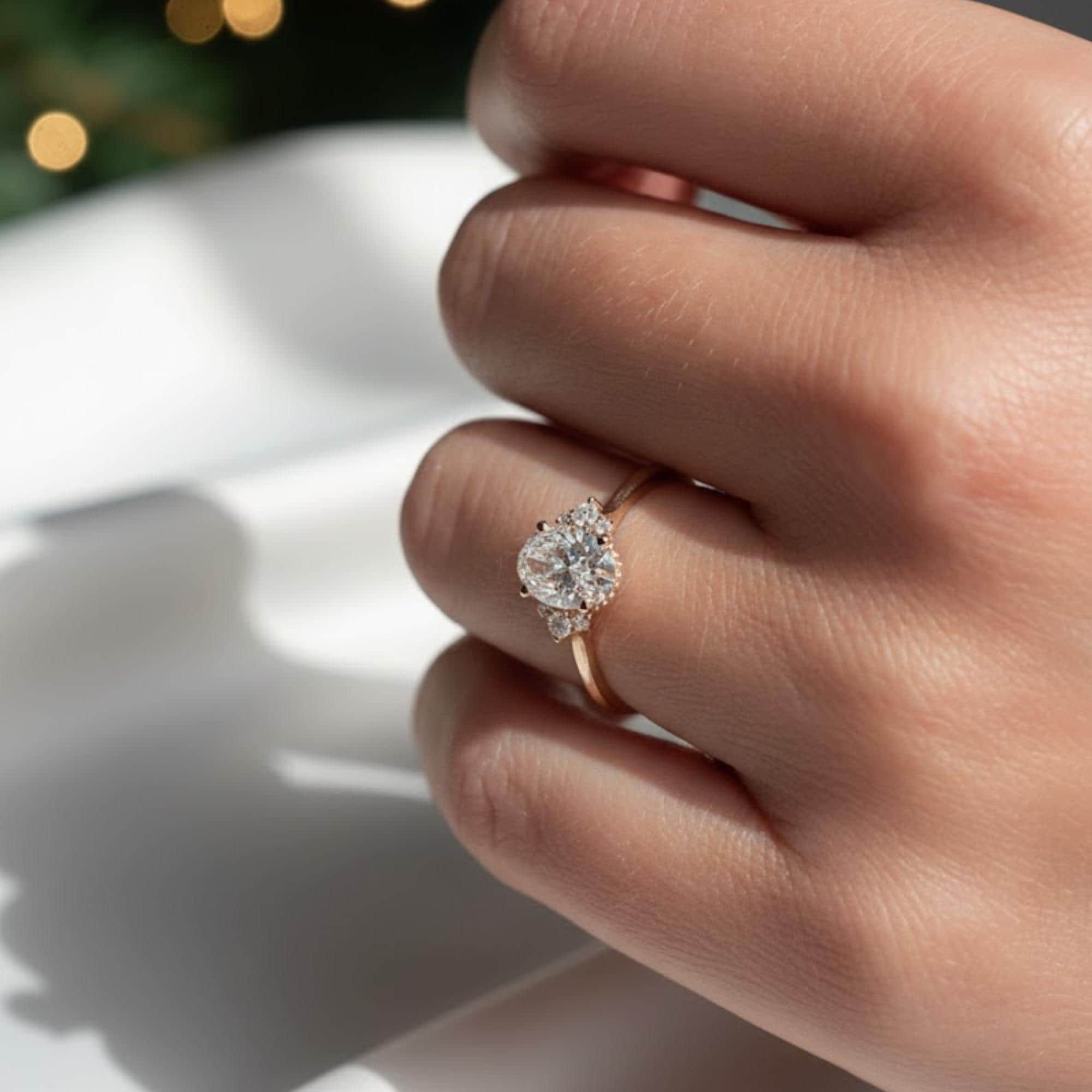 Oval CVD Diamond Engagement Ring | 1 Carat Lab Grown Diamond Solitaire with Side Stones in 14K Gold | Modern Halo Bridal Jewelry
