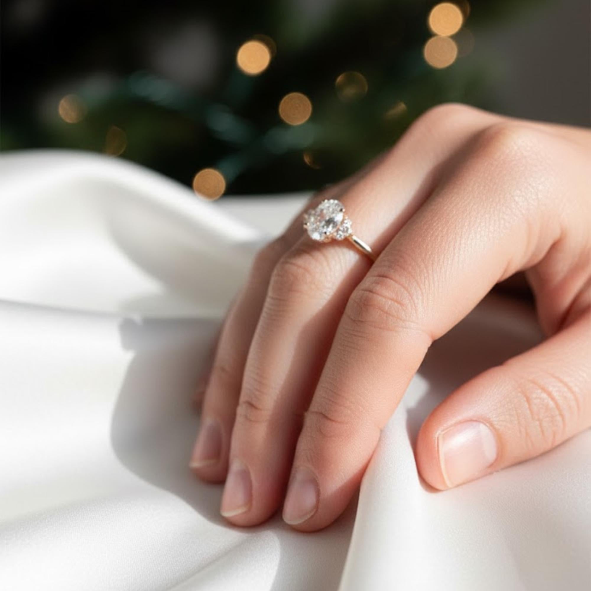 Oval CVD Diamond Engagement Ring | 1 Carat Lab Grown Diamond Solitaire with Side Stones in 14K Gold | Modern Halo Bridal Jewelry