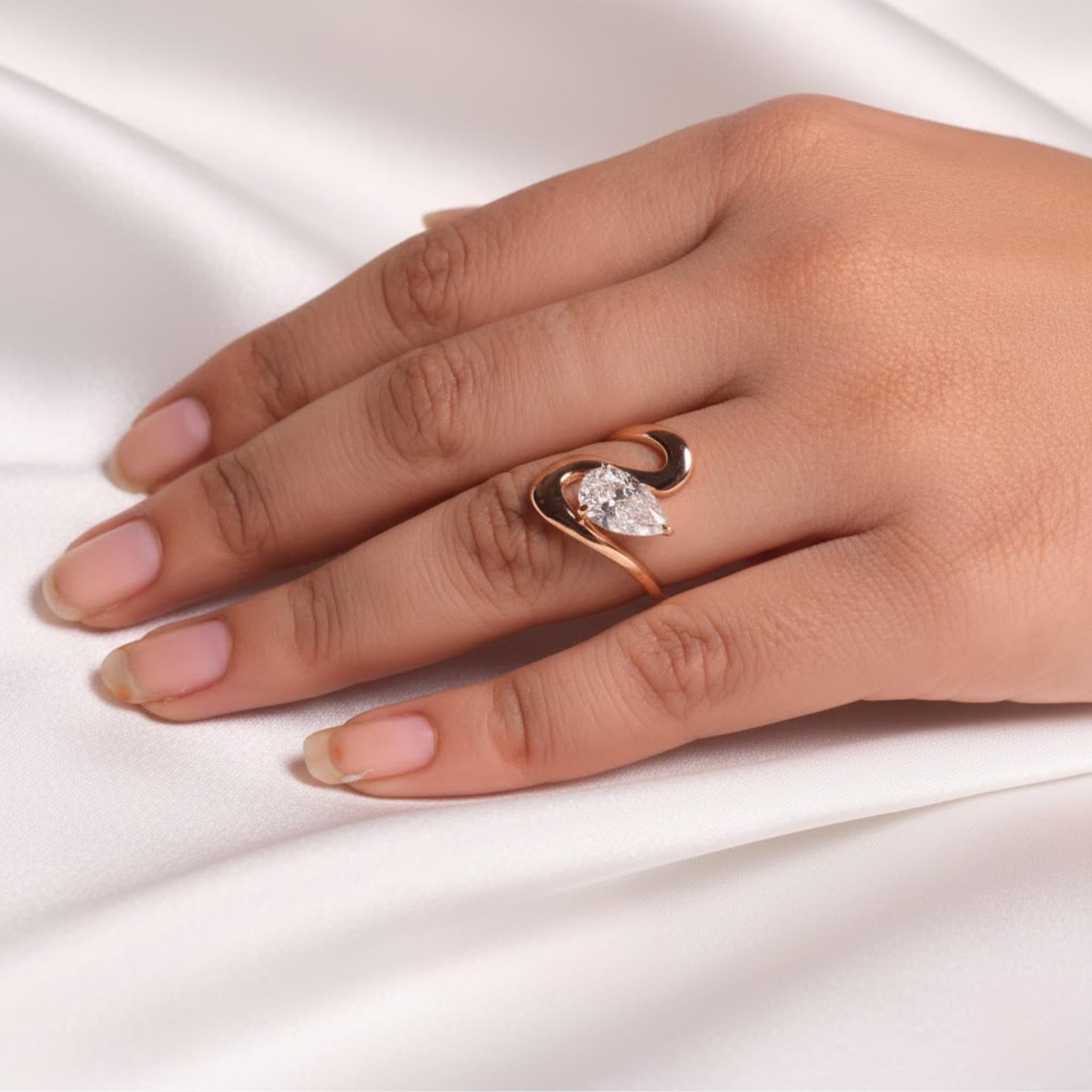 2.00 Carat Pear Cut Lab Grown Diamond Curved Ring, CVD Diamond Solitaire Ring For Wedding Gift, 14K Yellow Gold Anniversary Ring For Her
