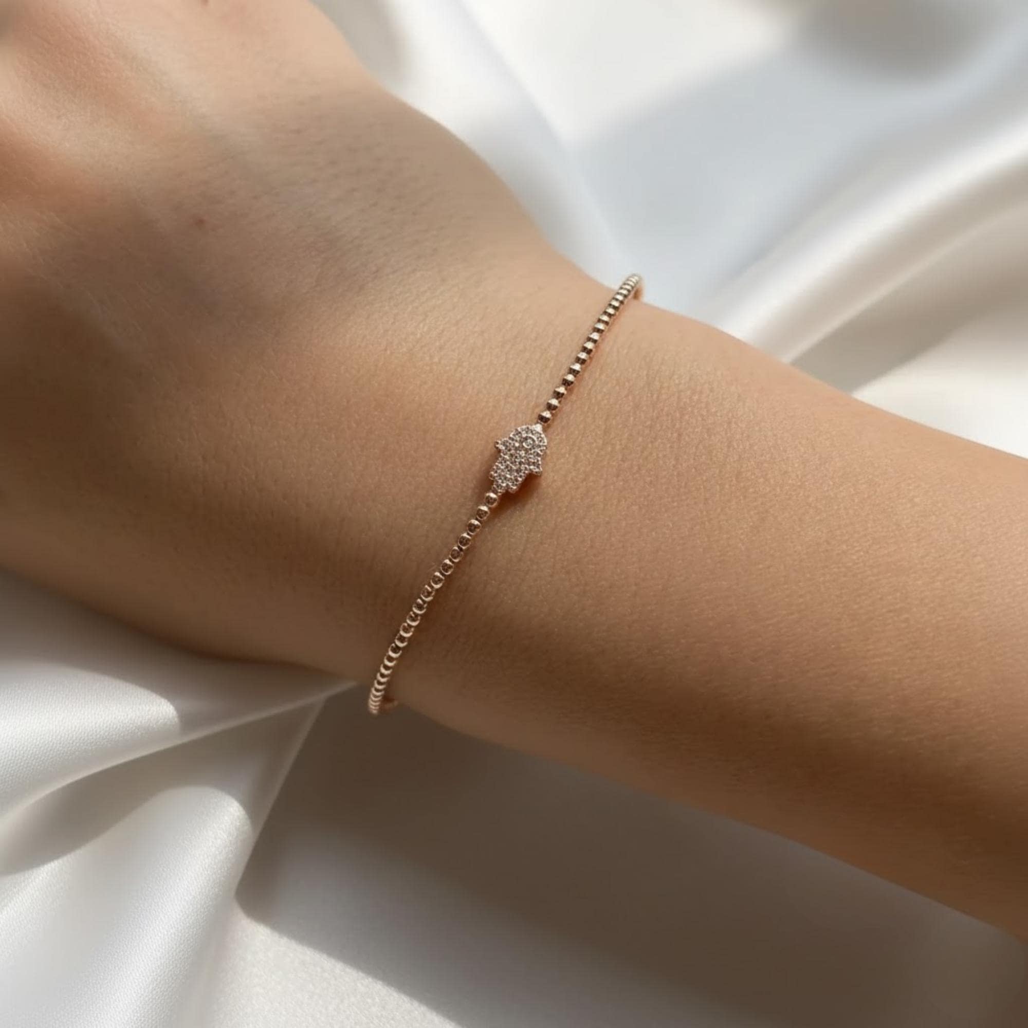 Diamond Hamsa Hand Bracelet in 14k Rose Gold, Hamsa Bracelet, Diamond Bangle, Stackable Bangle, Premium Yellow White, Flexible Bangle Gift