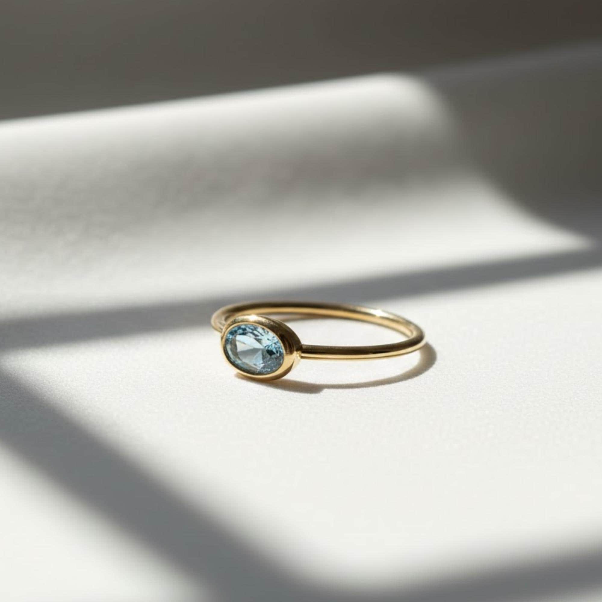 Blue Topaz Gold Stackable Ring, Topaz Ring, 14k Rose, Yellow, White, Oval Cut Gemstone, Solitaire Bezel Setting, Dainty Gold Ring
