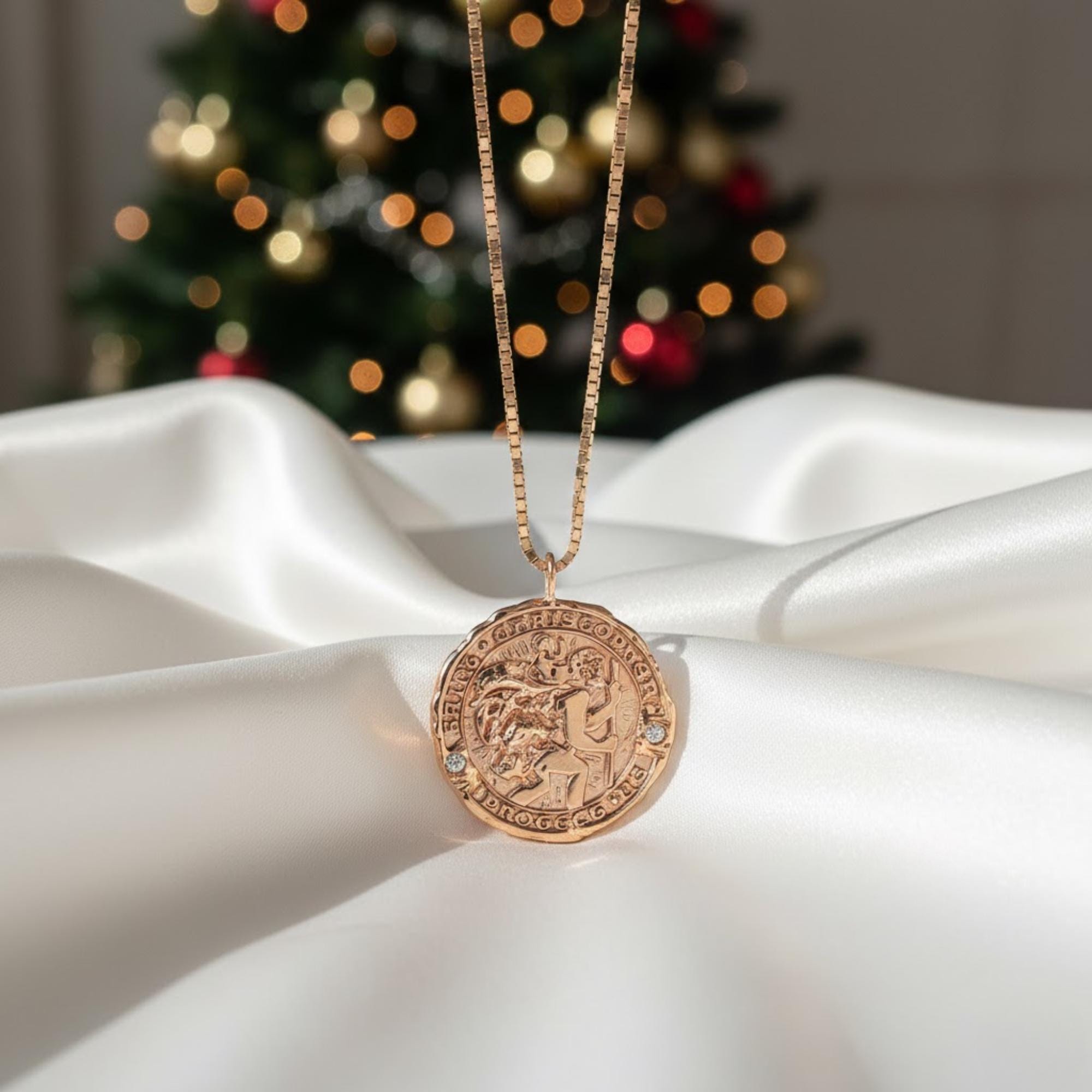 14K Gold Saint Christopher Pendant with Diamonds Religious Necklace