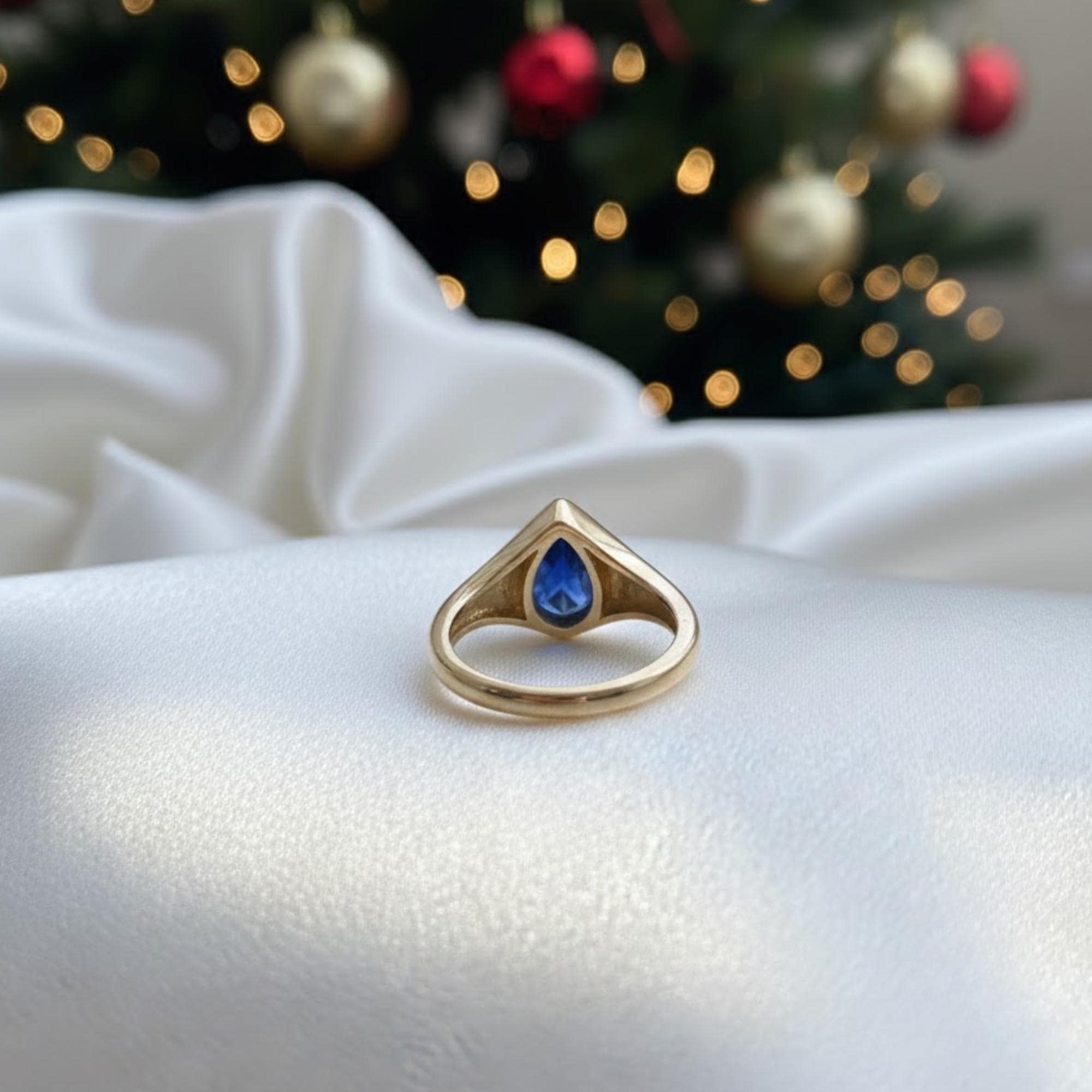 1 Carat Pear Sapphire Signet Ring | Yellow Gold Teardrop Blue Stone Ring | Flush Bezel Set | Dainty Statement Jewelry | Modern Tapered Shank
