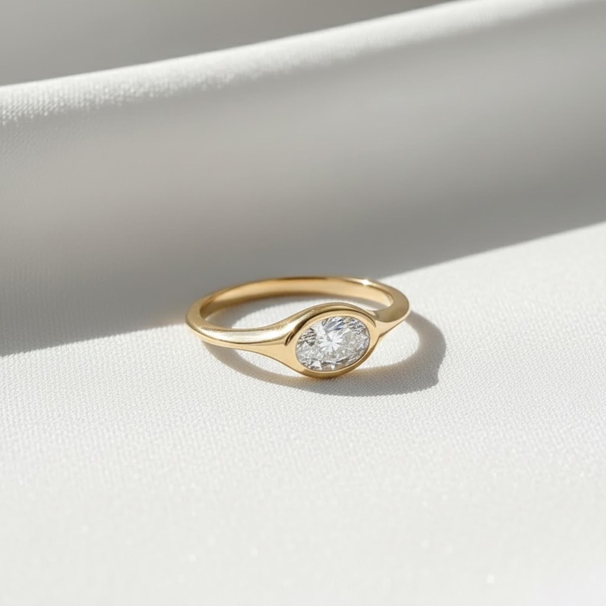 1 Carat East West Oval Lab Grown Diamond Ring, 14k Gold Bezel Engagement Ring, Oval IGI Certified Diamond Ring, Dainty Solitaire Ring Gift