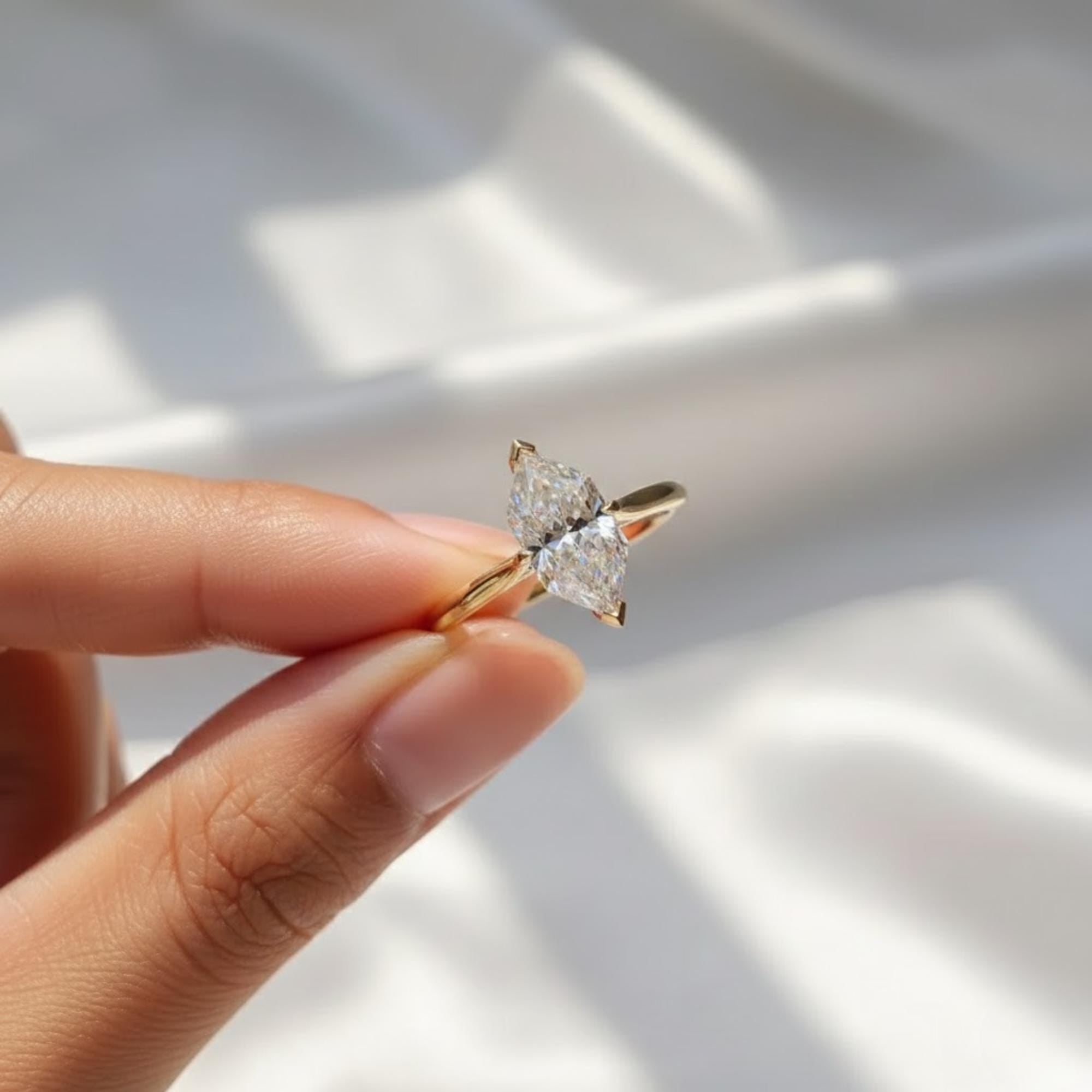 Antique Dutch Marquise Cut Lab Grown Diamond Solitaire Wedding Ring, V Prong Tapered Shank Engagement Ring for Women, Unique Promise Ring