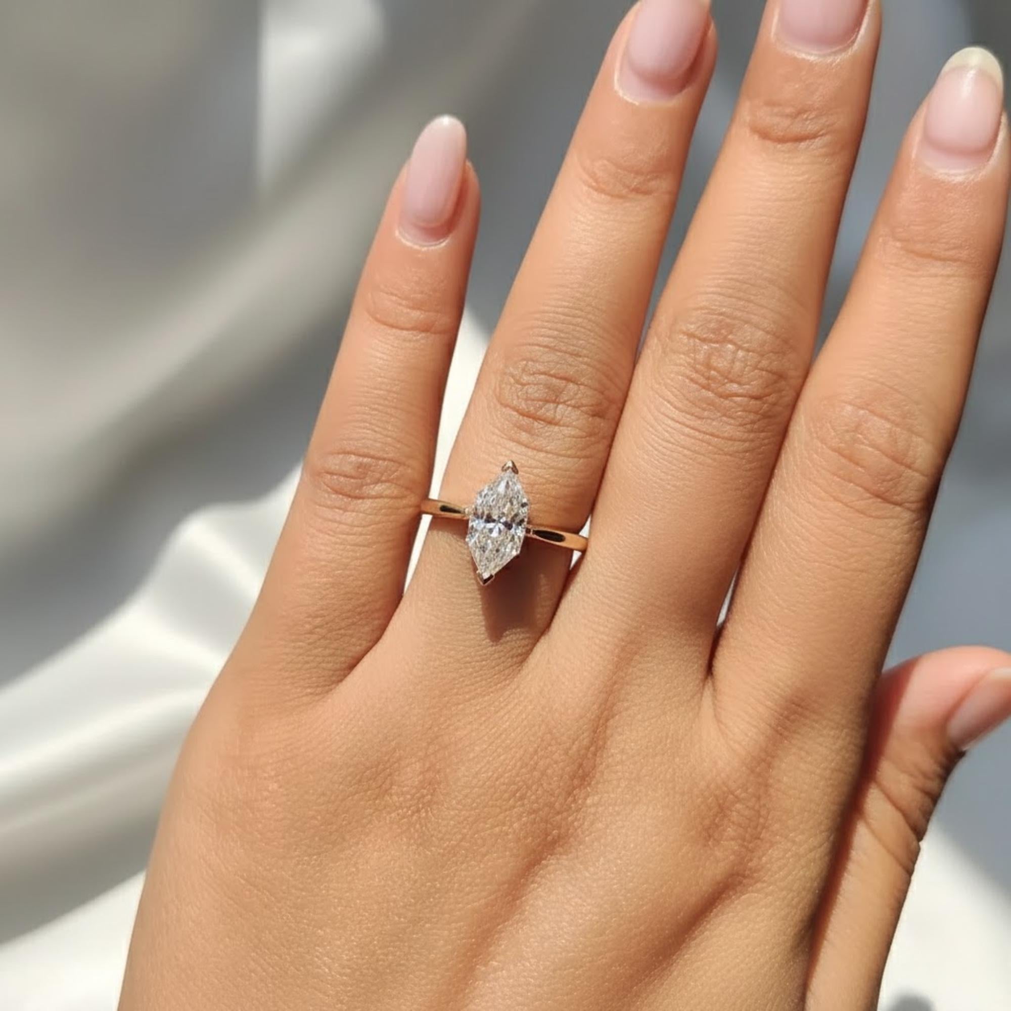 Antique Dutch Marquise Cut Lab Grown Diamond Solitaire Wedding Ring, V Prong Tapered Shank Engagement Ring for Women, Unique Promise Ring