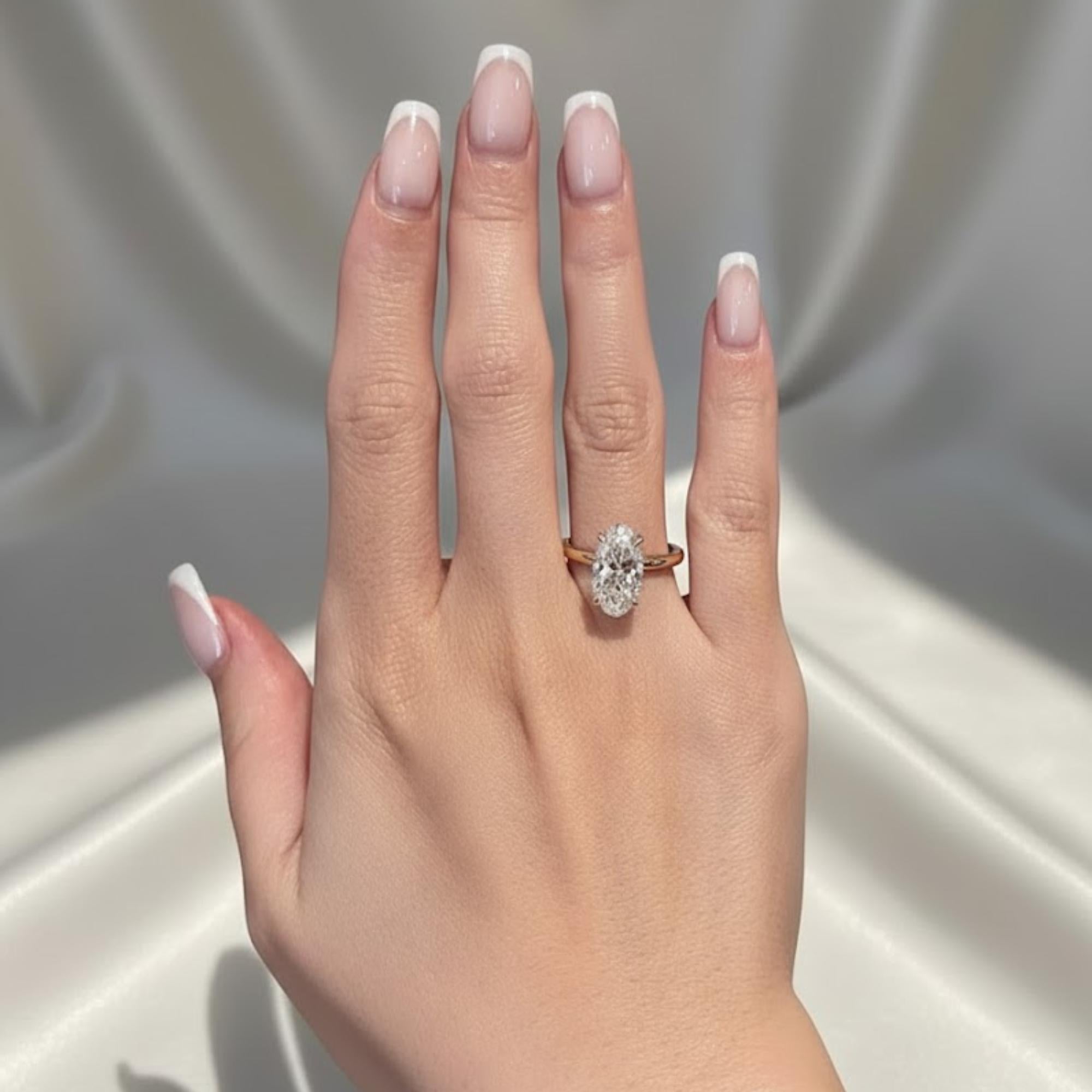2 Carat Oval Cut Lab Diamond Solitaire Ring, Certified Elongated Diamond with Hidden Halo, 14K Gold Engagement Ring, Proposal Ring For Her