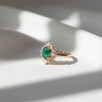 Oval Cut Royal Green Emerald Halo Ring | Oval Emerald and Diamond Halo in 14K Gold | May Birthstone Stackable Jewelry for Her