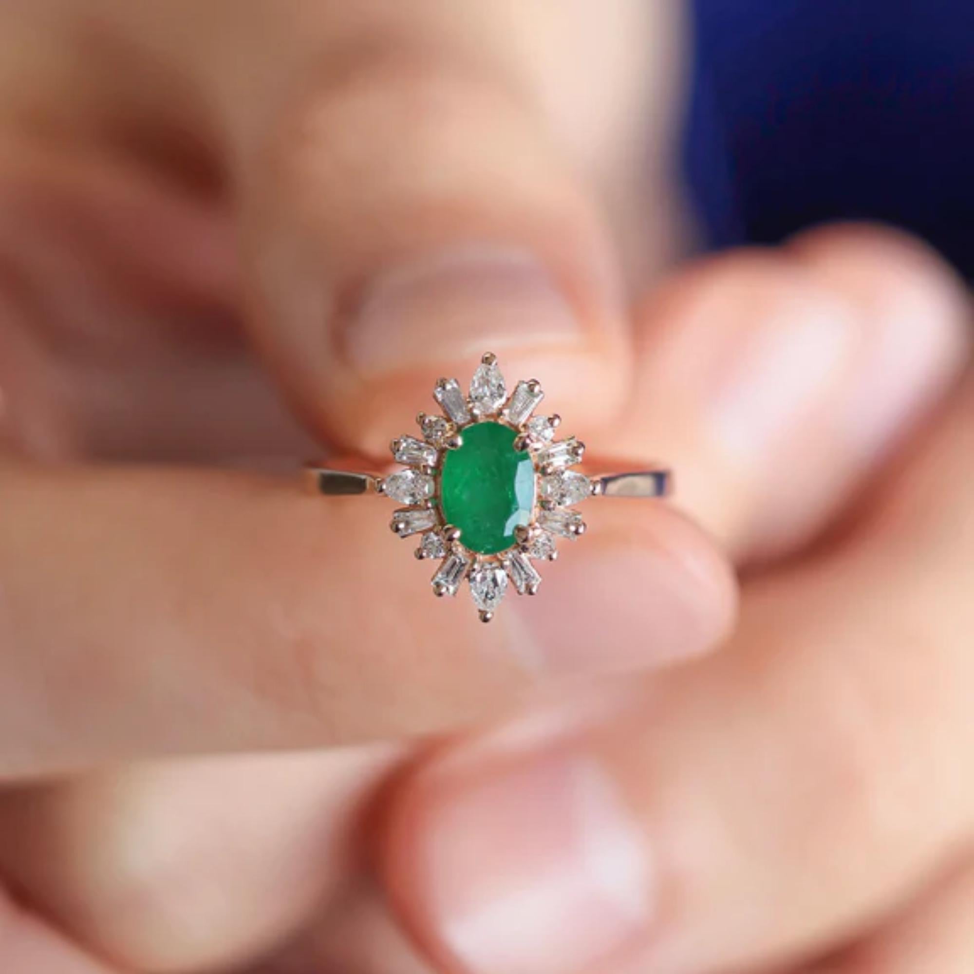 Oval Cut Royal Green Emerald Halo Ring | Oval Emerald and Diamond Halo in 14K Gold | May Birthstone Stackable Jewelry for Her
