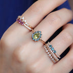 Natural Peridot and London Blue Topaz Ring | Green Gemstone Halo Cocktail Ring | Natural Birthstone Statement Ring by Mirae Jewelry