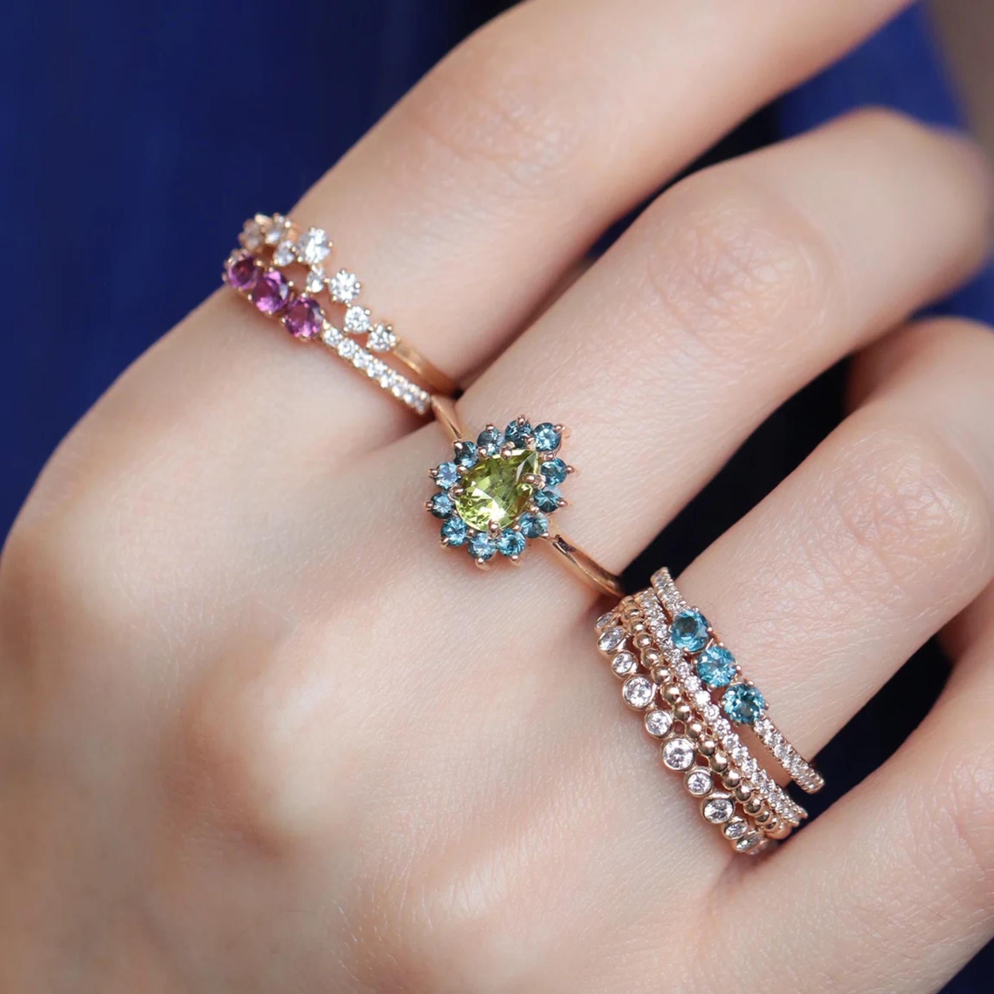 Natural Peridot and London Blue Topaz Ring | Green Gemstone Halo Cocktail Ring | Natural Birthstone Statement Ring by Mirae Jewelry