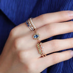 1 Carat Sapphire Peridot Halo Ring | Floral Style Gemstone Ring | Blue and Green Contrast 14K Gold Birthstone Ring by Mirae Jewelry