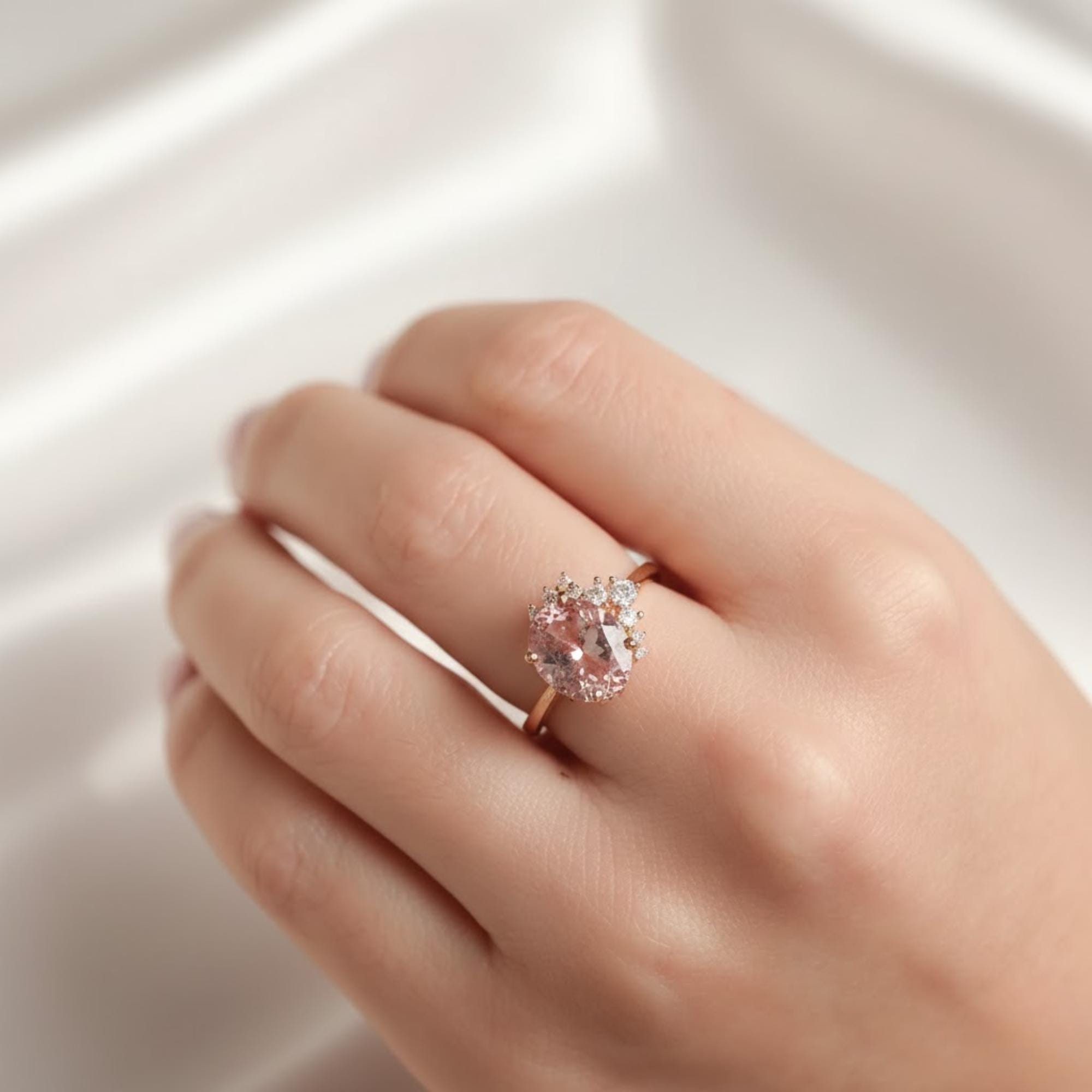 3 Carat Soft Pink Morganite Diamond Ring | Oval Morganite Half Halo Ring | 14K Yellow Gold Blush Pink Engagement Ring by Mirae Jewelry