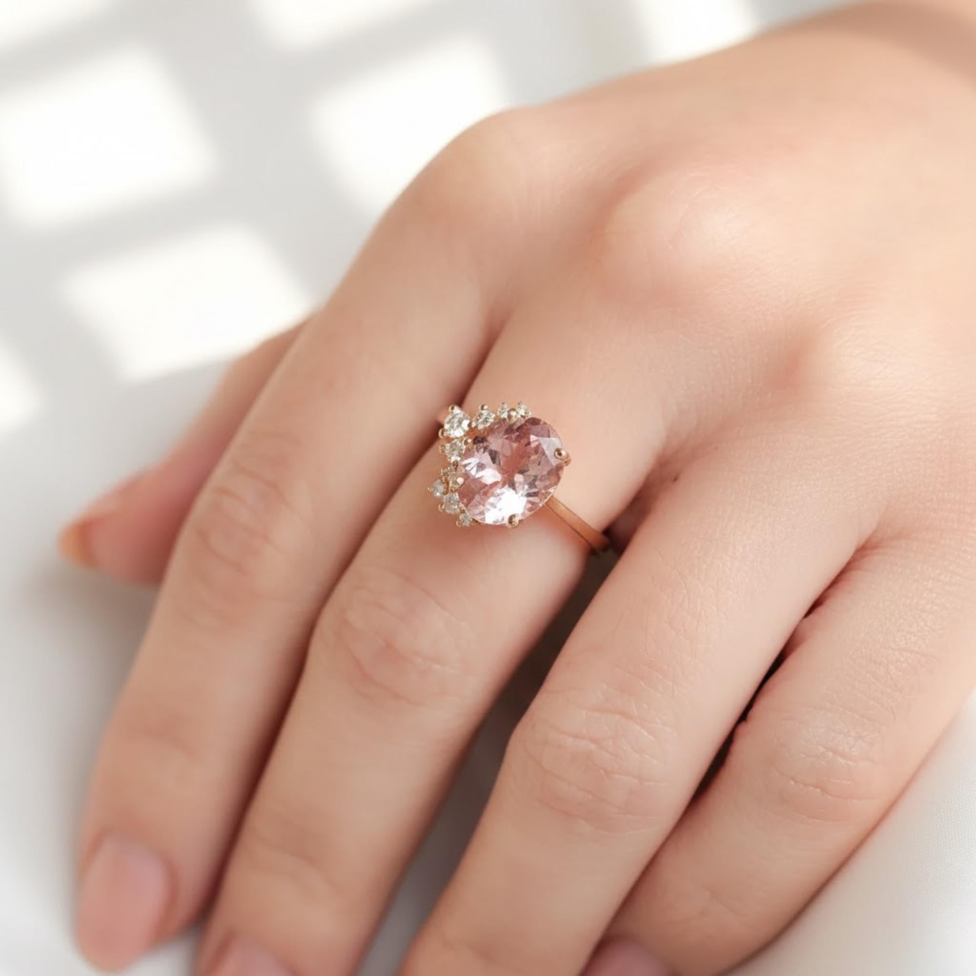 3 Carat Soft Pink Morganite Diamond Ring | Oval Morganite Half Halo Ring | 14K Yellow Gold Blush Pink Engagement Ring by Mirae Jewelry