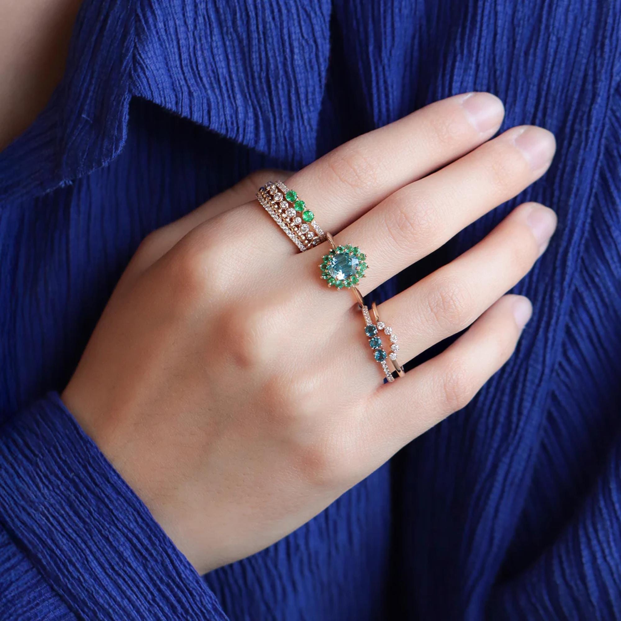 Blue Zircon and Emerald Halo Gemstone Ring | 3 Carat Natural Gemstone Statement Ring | 14K Yellow Gold Cocktail Ring By Mirae Jewelry