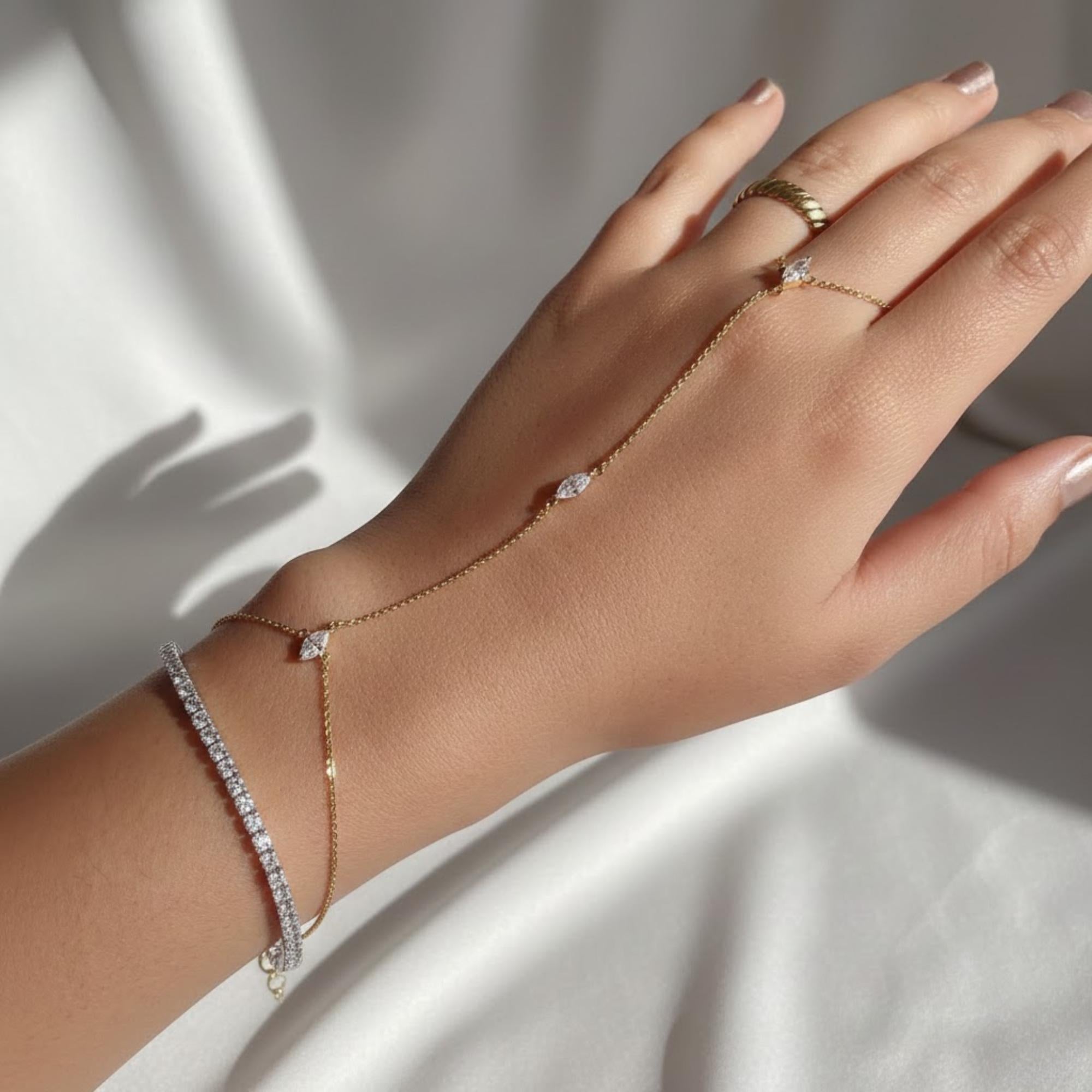 14K Solid Gold Diamond Slave Bracelet / Solid Gold Chain Gold Ring Bracelet / Hand Ring Gold Handle Bracelet / Two Sided Diamond Bracelet