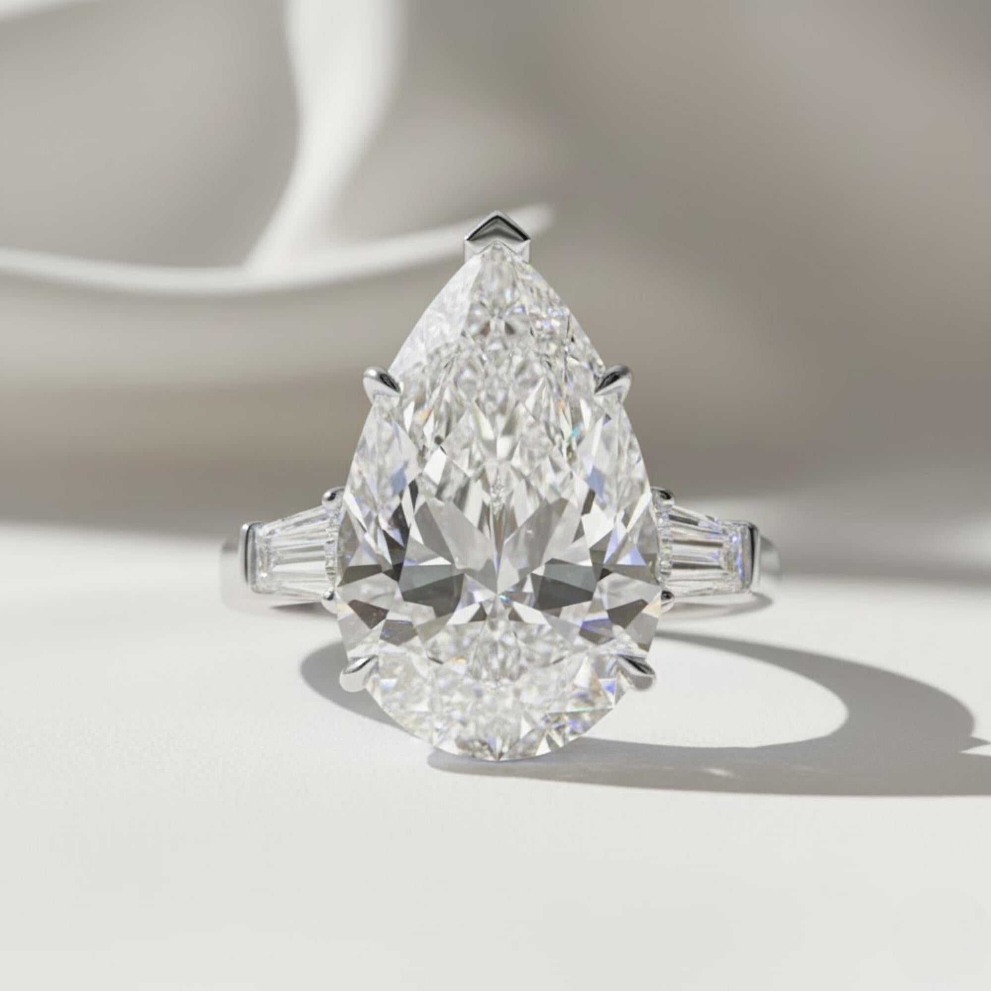 HUGE 10 Carat Pear Cut Lab Grown Diamond Three Stone Ring / Trilogy Tapered Baguette and Pear Cut Engagement Ring / Luxury 3 Stone Ring