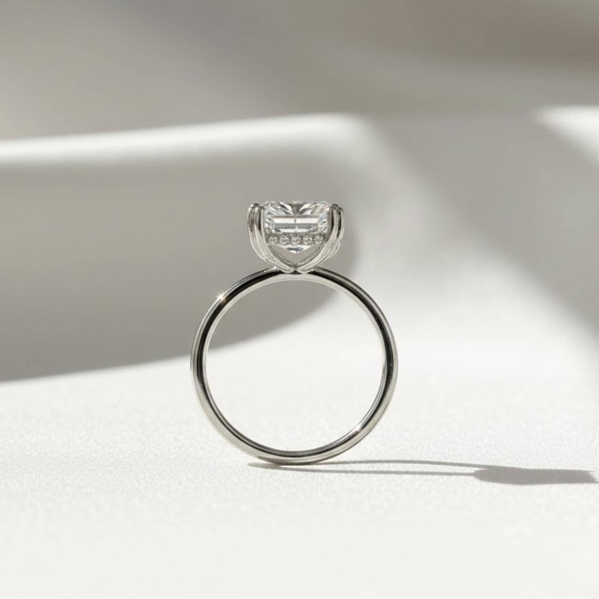 3 Carat Emerald Cut Lab Created Diamond Hidden Halo Engagement Ring / Double Claw Prong Set / White Gold Unique Proposal Ring Gift For Her