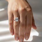 3 Carat Emerald Cut Lab Created Diamond Hidden Halo Engagement Ring / Double Claw Prong Set / White Gold Unique Proposal Ring Gift For Her