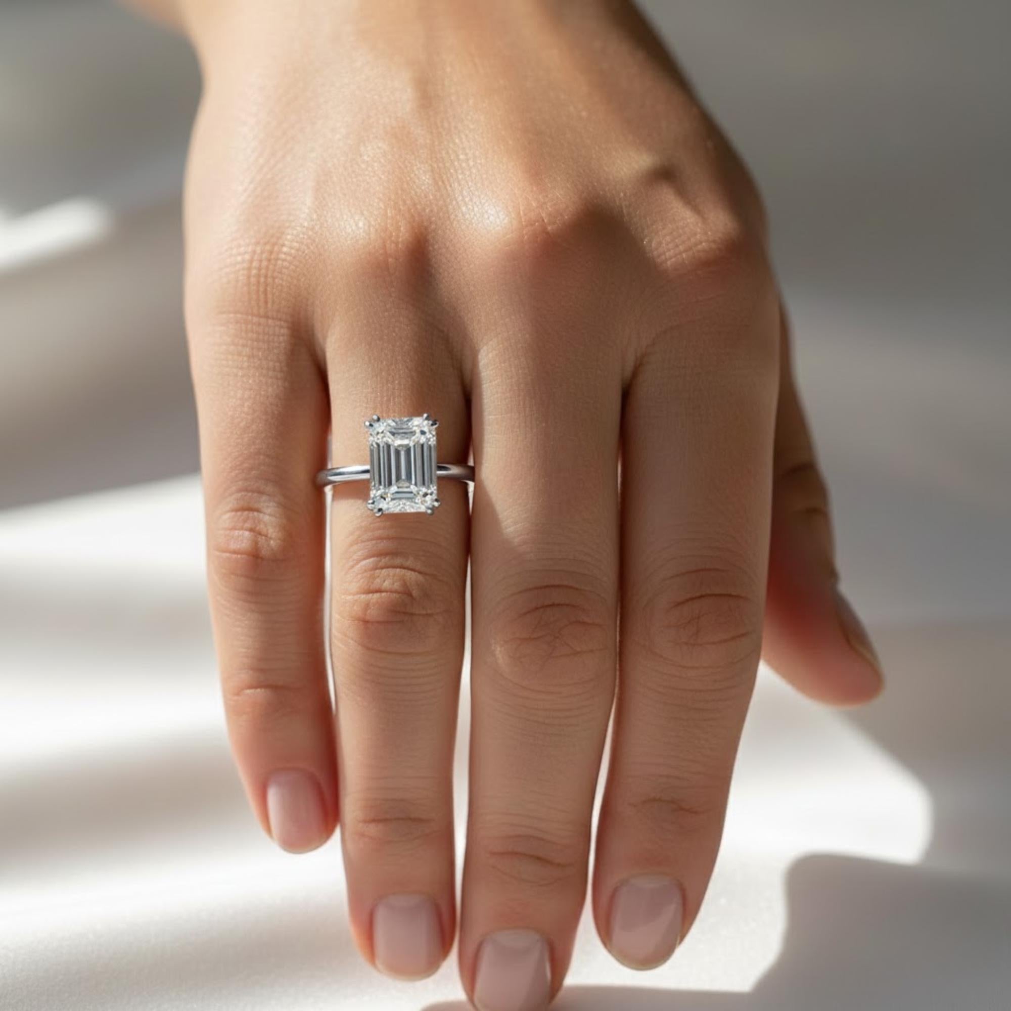 3 Carat Emerald Cut Lab Created Diamond Hidden Halo Engagement Ring / Double Claw Prong Set / White Gold Unique Proposal Ring Gift For Her