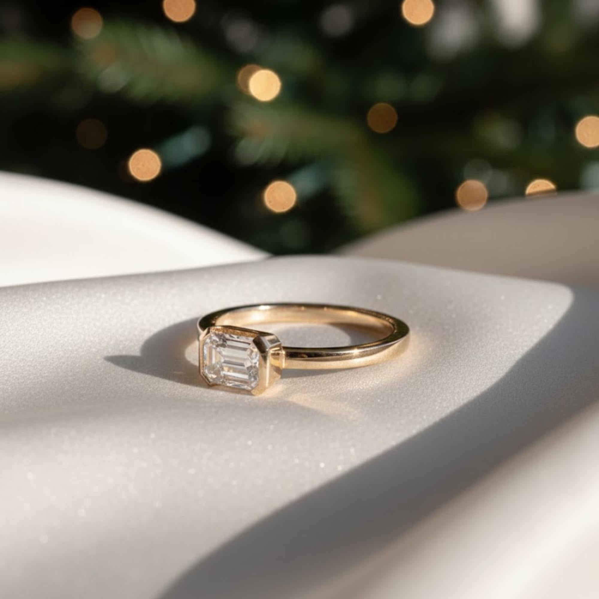 East West Emerald Cut Half Bezel Diamond Ring | 1 Carat Lab Grown Diamond Band | Flat Demi Flush Setting Ring
