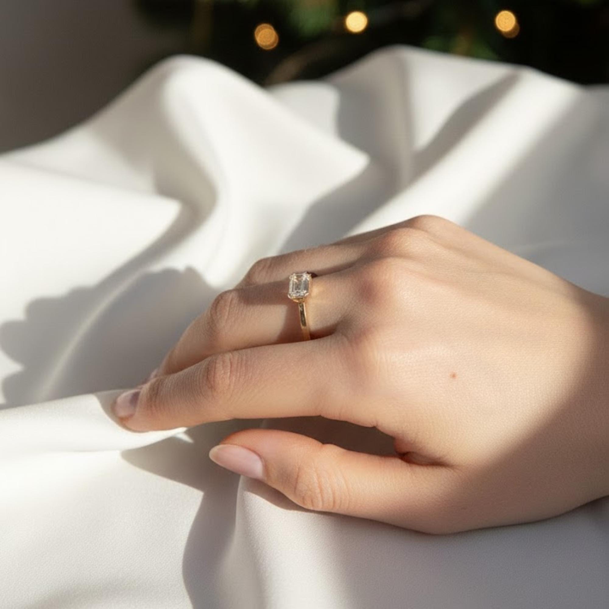 East West Emerald Cut Half Bezel Diamond Ring | 1 Carat Lab Grown Diamond Band | Flat Demi Flush Setting Ring