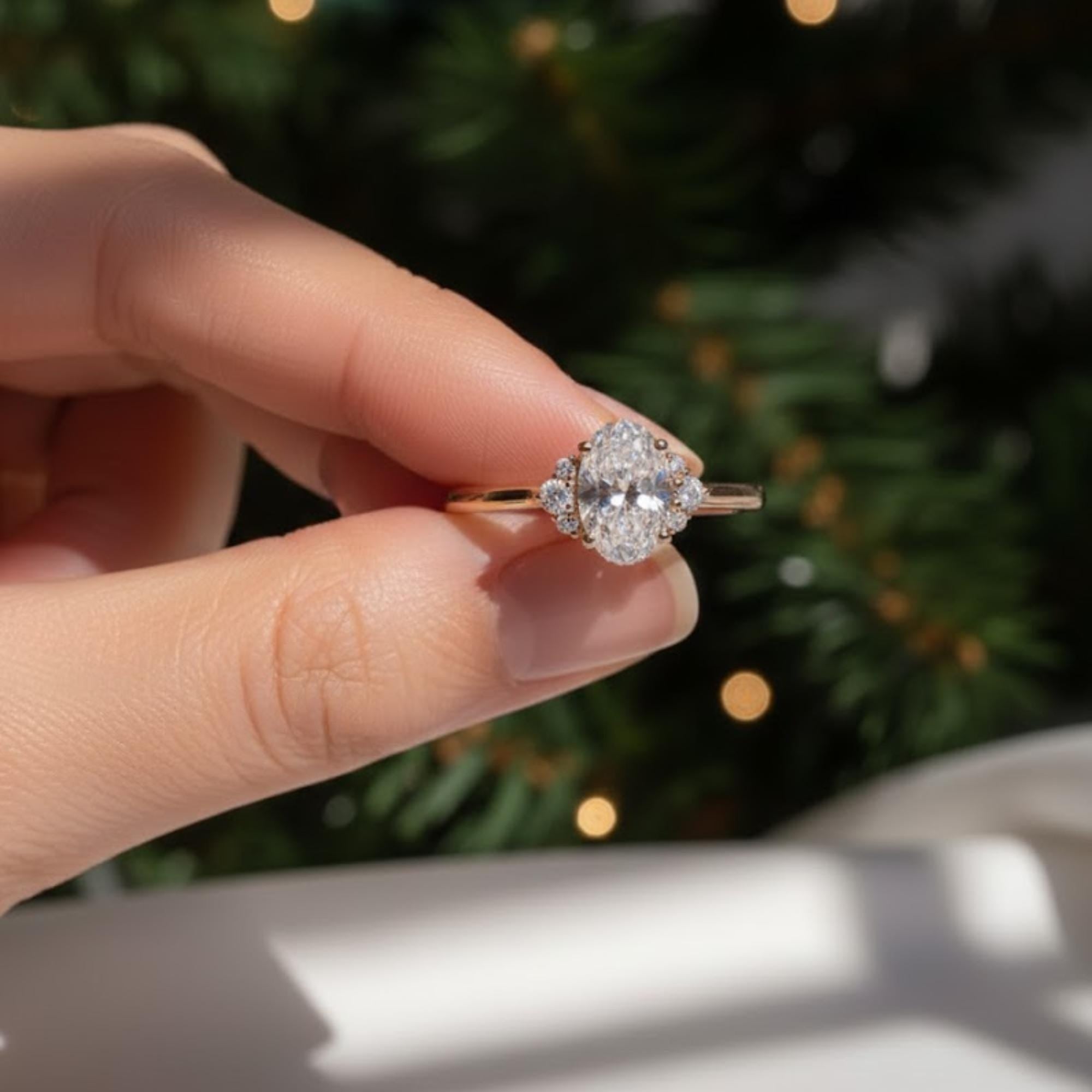Oval CVD Diamond Engagement Ring | 1 Carat Lab Grown Diamond Solitaire with Side Stones in 14K Gold | Modern Halo Bridal Jewelry