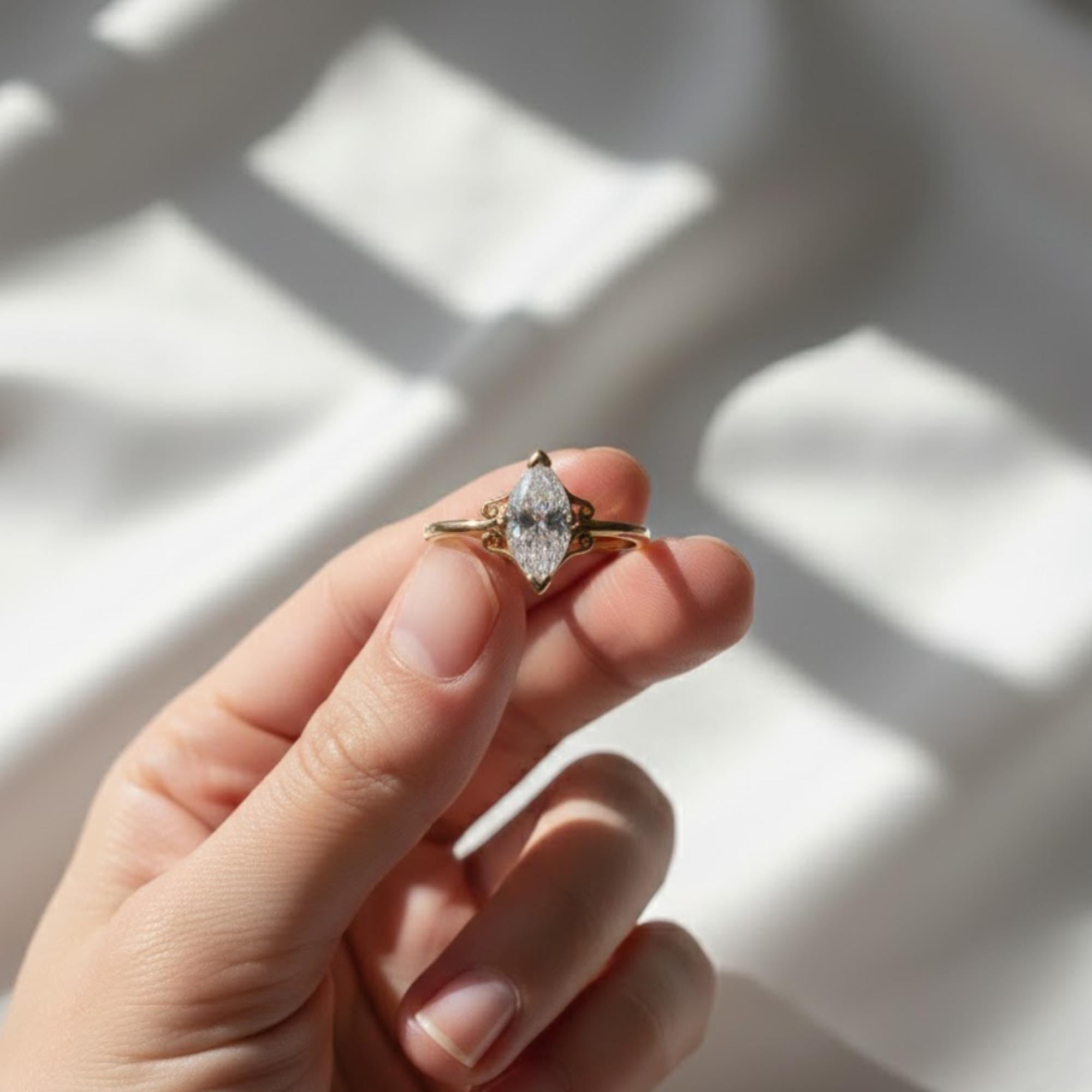 Vintage Filigree Marquise Lab Diamond Engagement Ring, 14K Yellow Gold Bridal Wedding Jewelry, Unique Statement Ring, Modern Classic Gift
