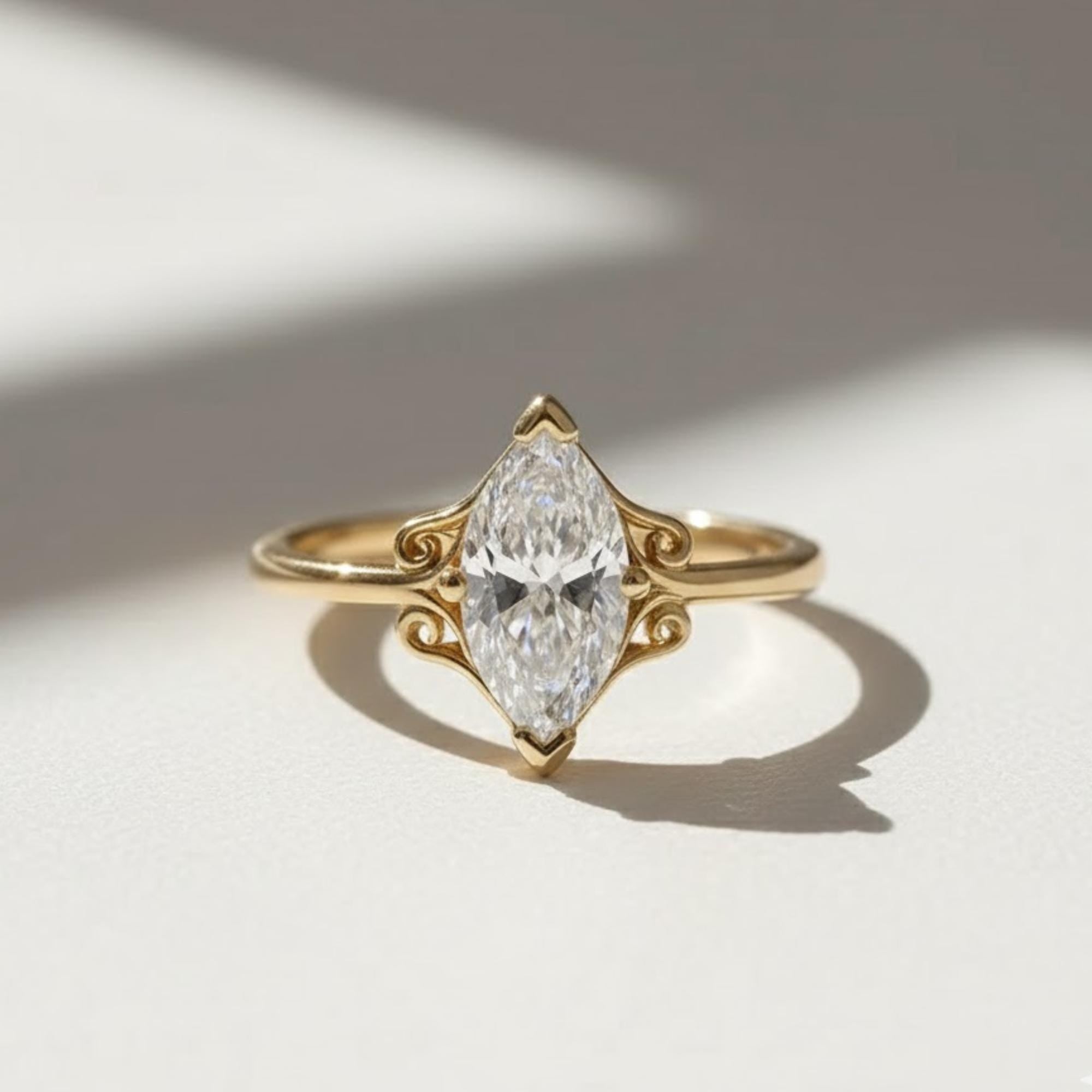 Vintage Filigree Marquise Lab Diamond Engagement Ring, 14K Yellow Gold Bridal Wedding Jewelry, Unique Statement Ring, Modern Classic Gift